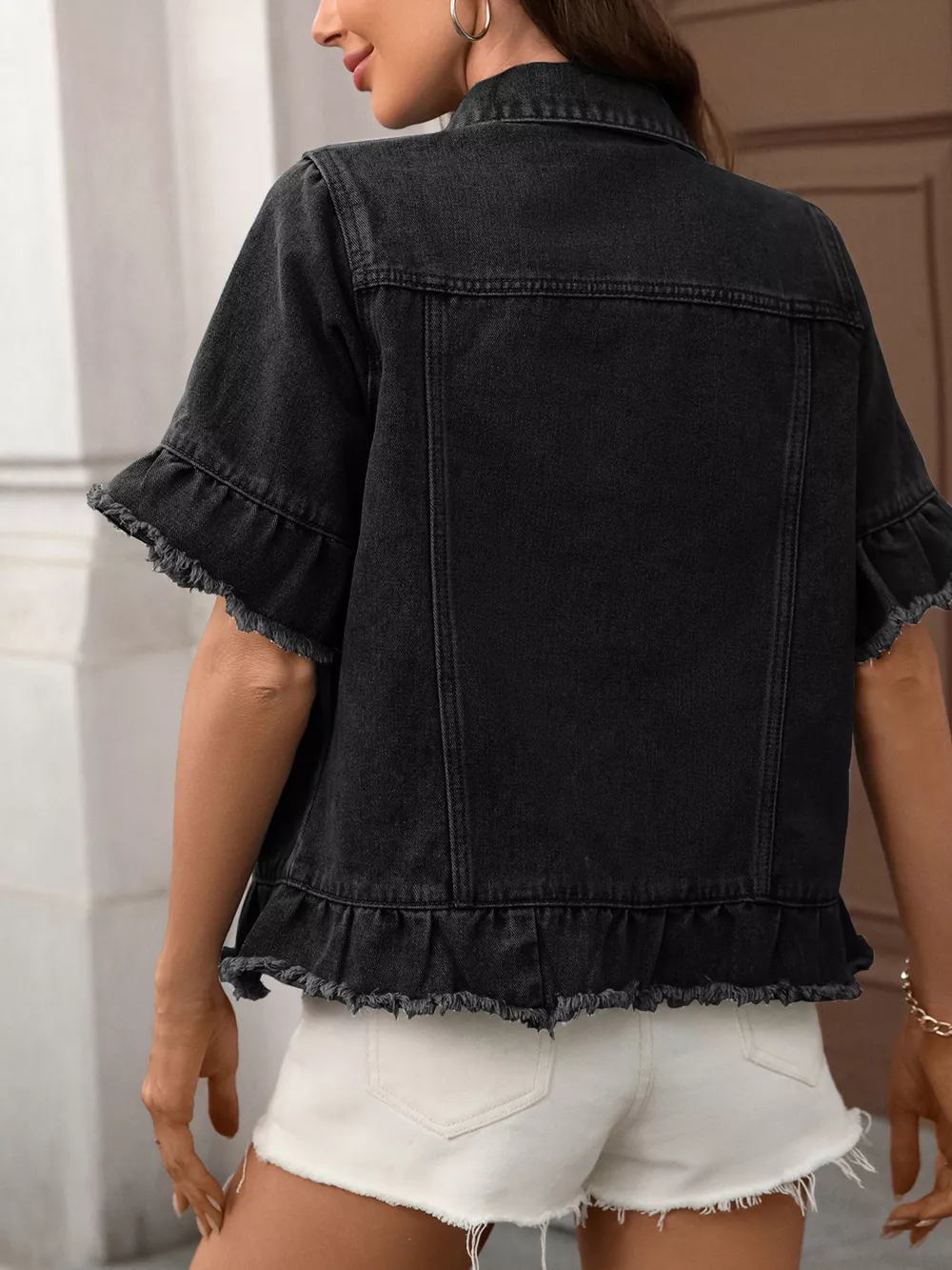 Raw Hem Button Up Denim Jacket, image 4