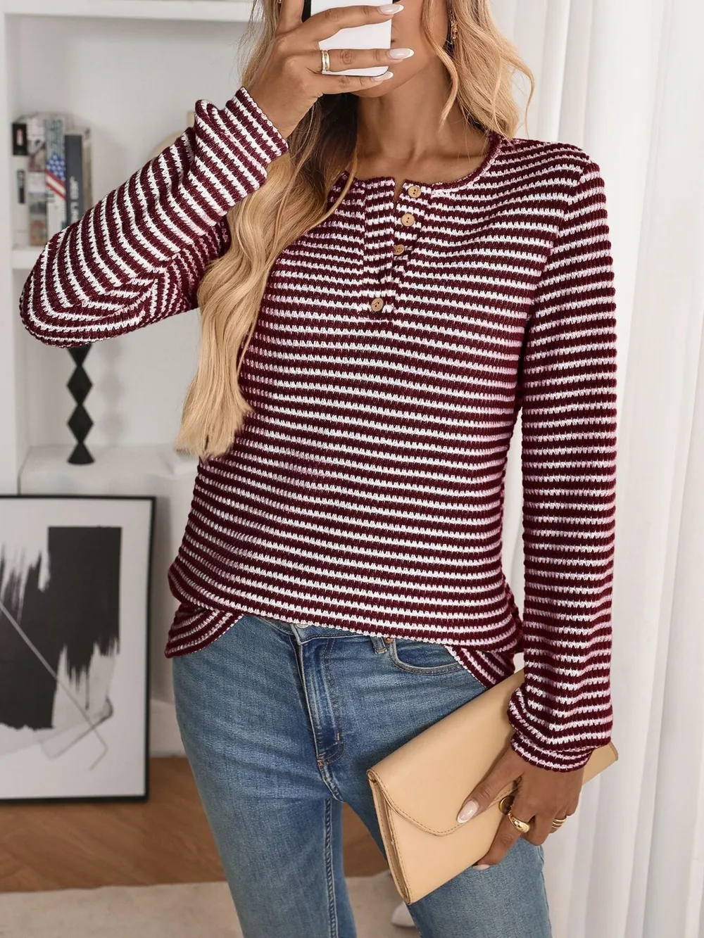 Striped Button Detail Long Sleeve Top, image 6