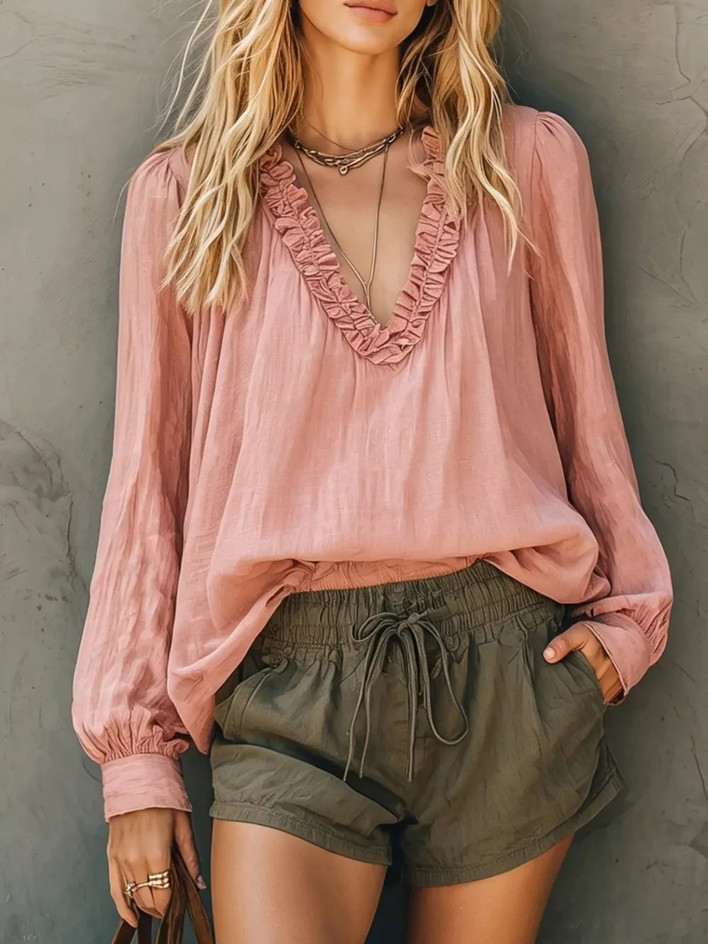 Frill V-Neck Long Sleeve Blouse, image 3