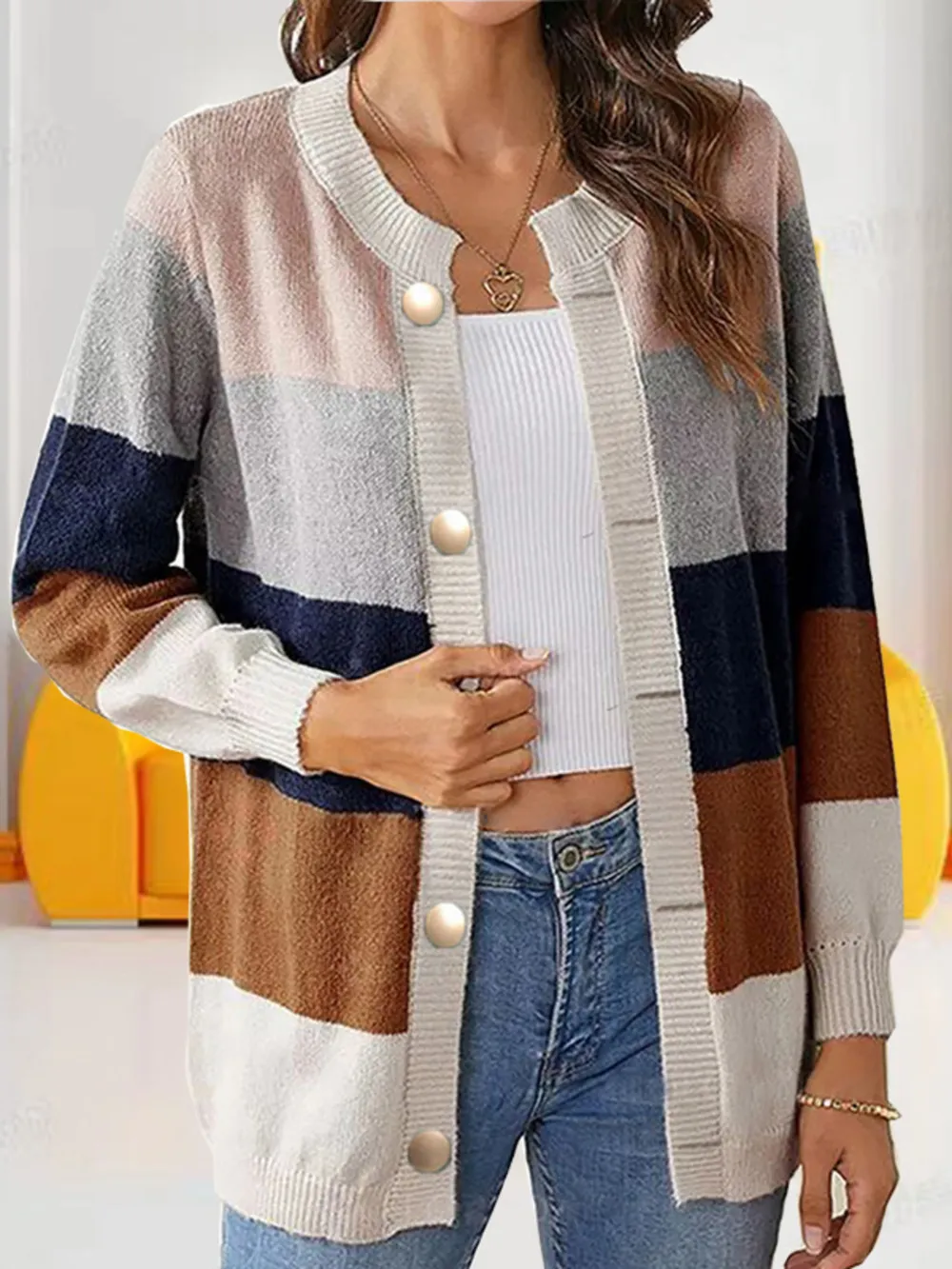 Color Block Button-Up Knit Cardigan, image 4