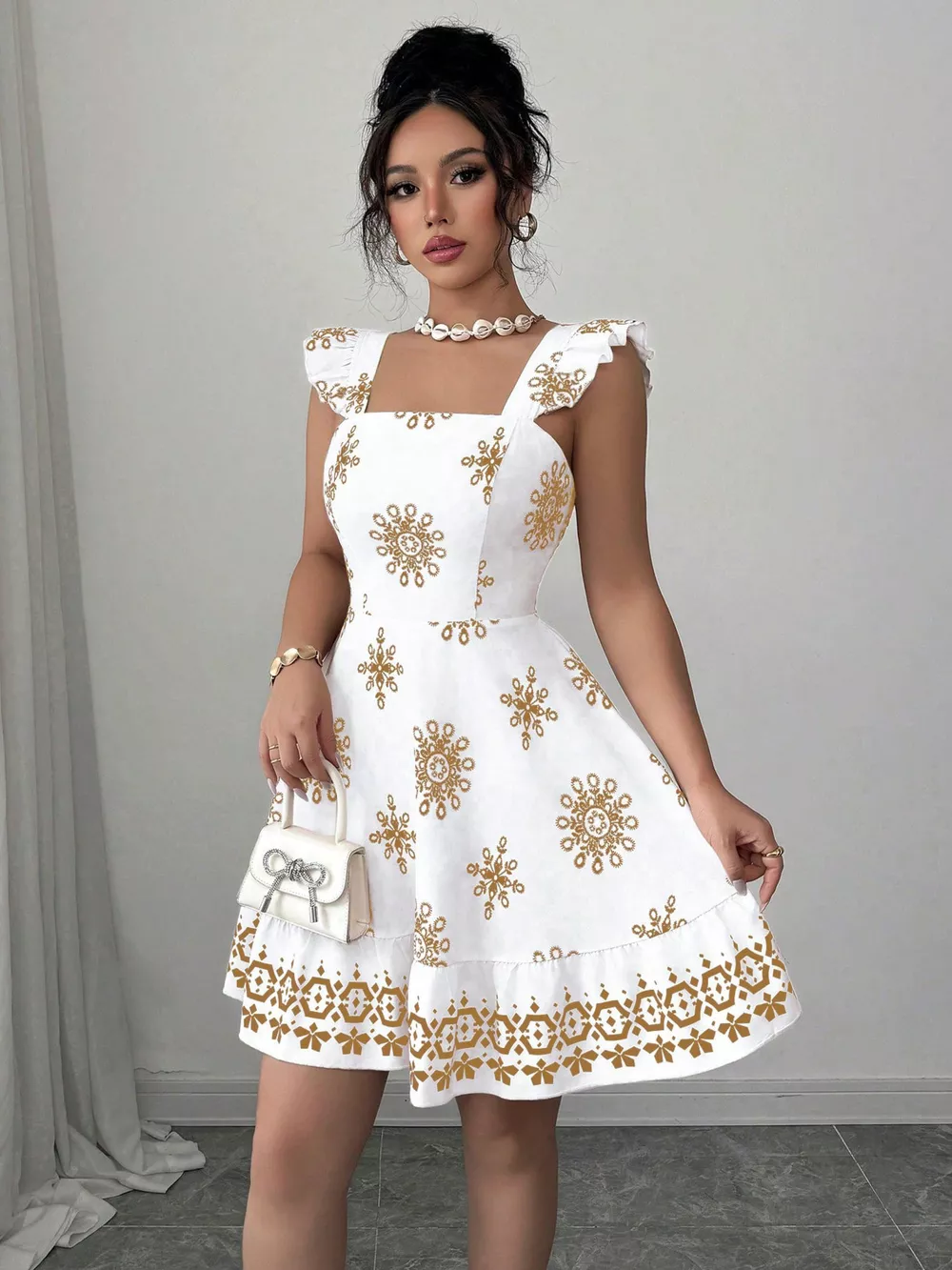 Printed Bow Back Square Neck Mini Dress, image 16