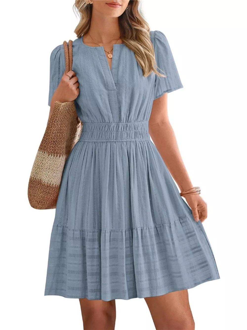 Short Sleeve Smocked Waist Tiered Dress, image 19