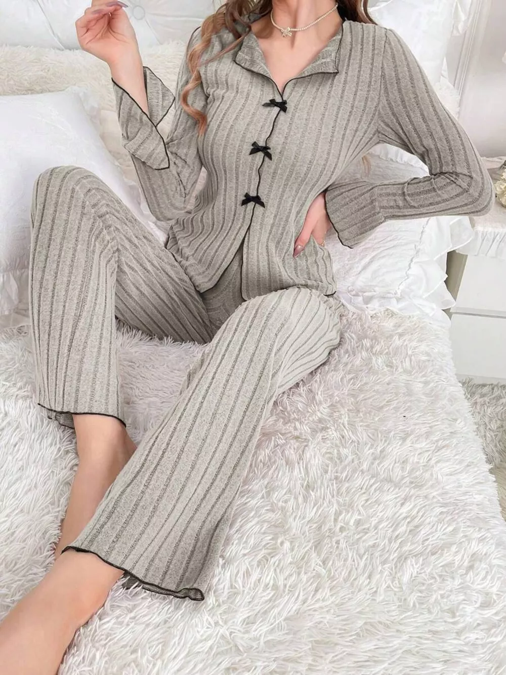 Contrast Bow Detail Top and Pants Lounge Set, image 7