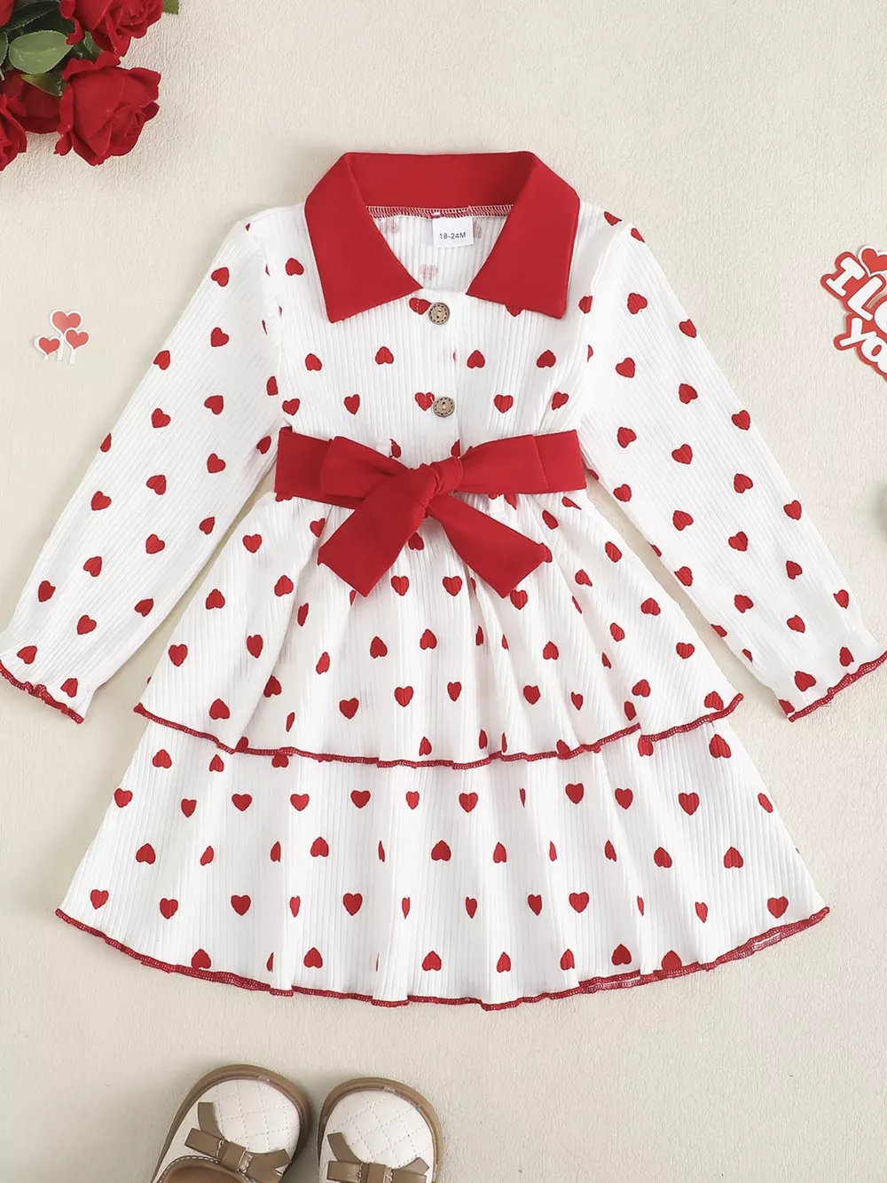 Children's Heart Print Tiered Dress and Belt Set