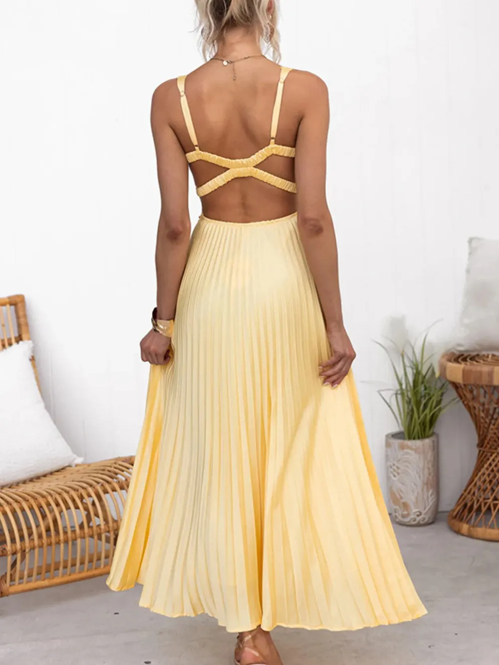 Pleated V-Neck Sleeveless Maxi Dress, image 3
