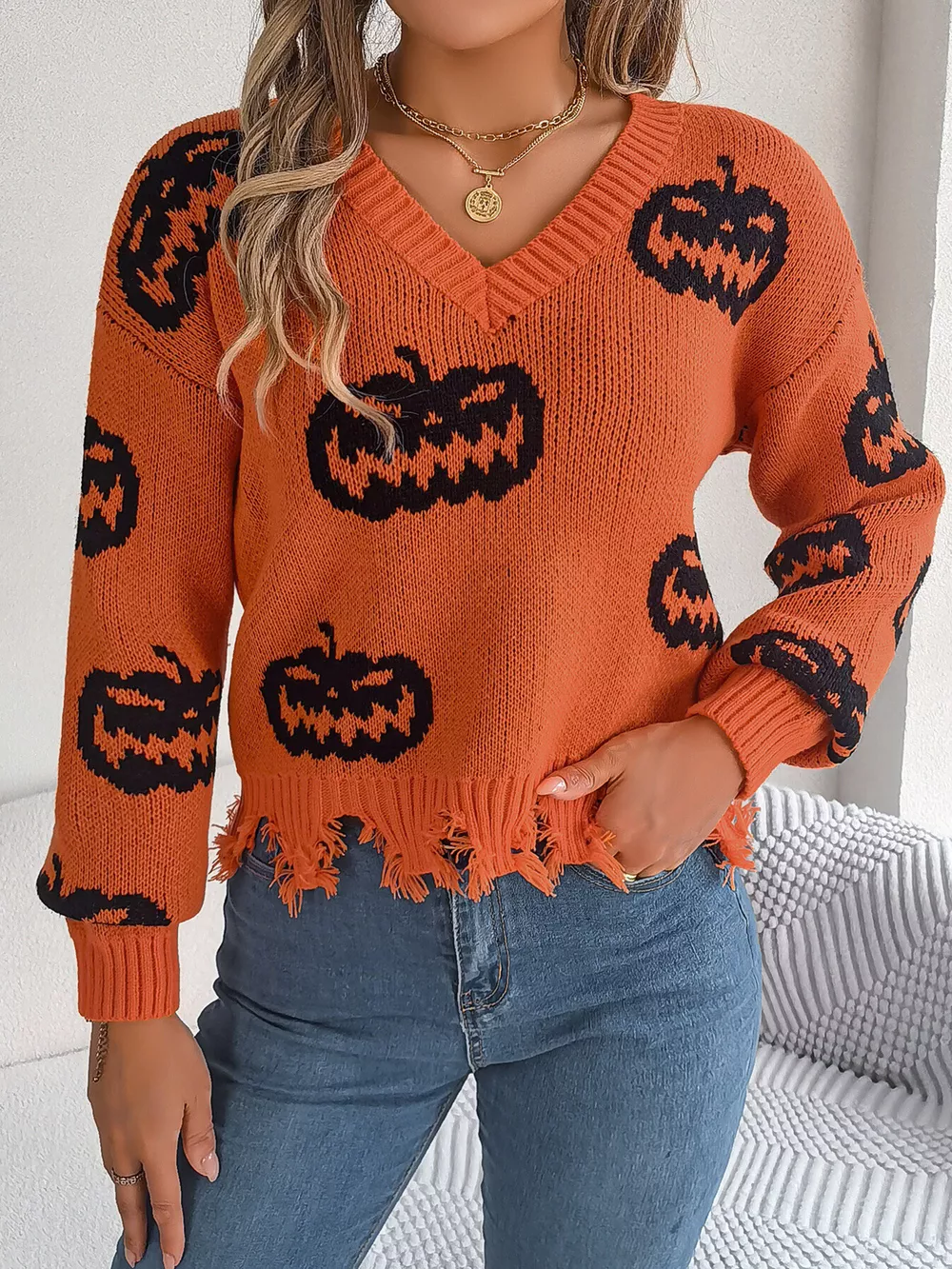 Halloween Pumpkin Pattern Raw Hem V-Neck Sweater, image 18