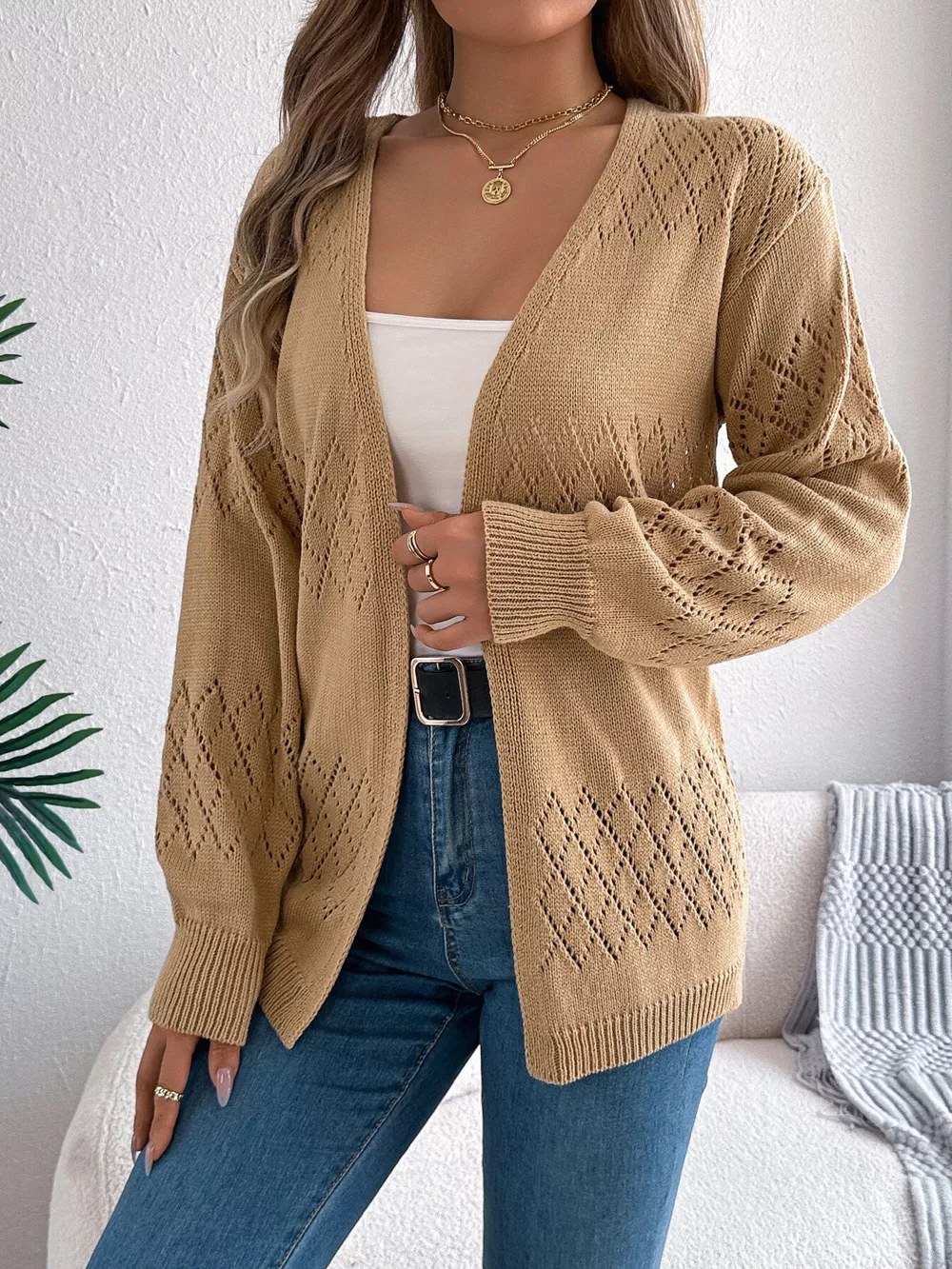 Openwork Open Front Long Sleeve Cardigan, image 5