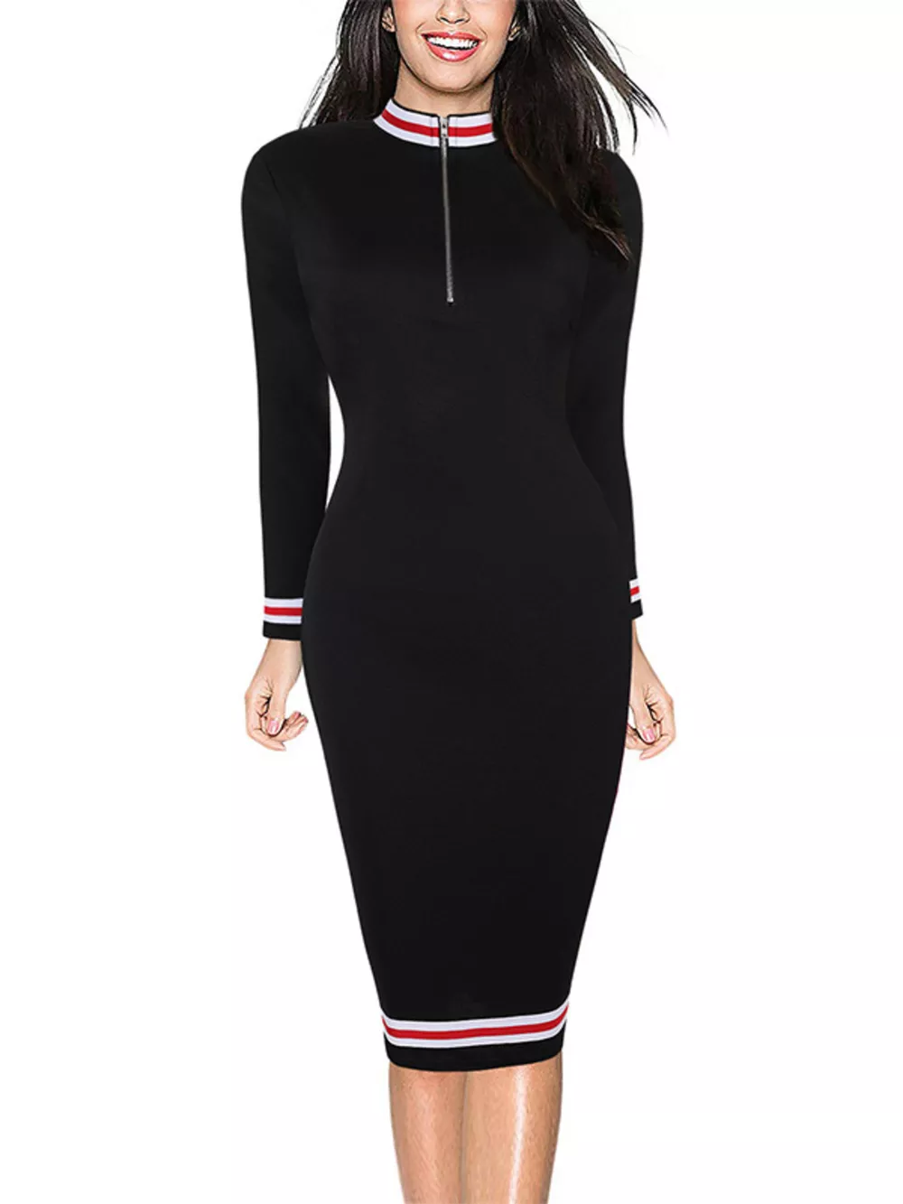Striped Long Sleeve Bodycon Midi Dress, image 2
