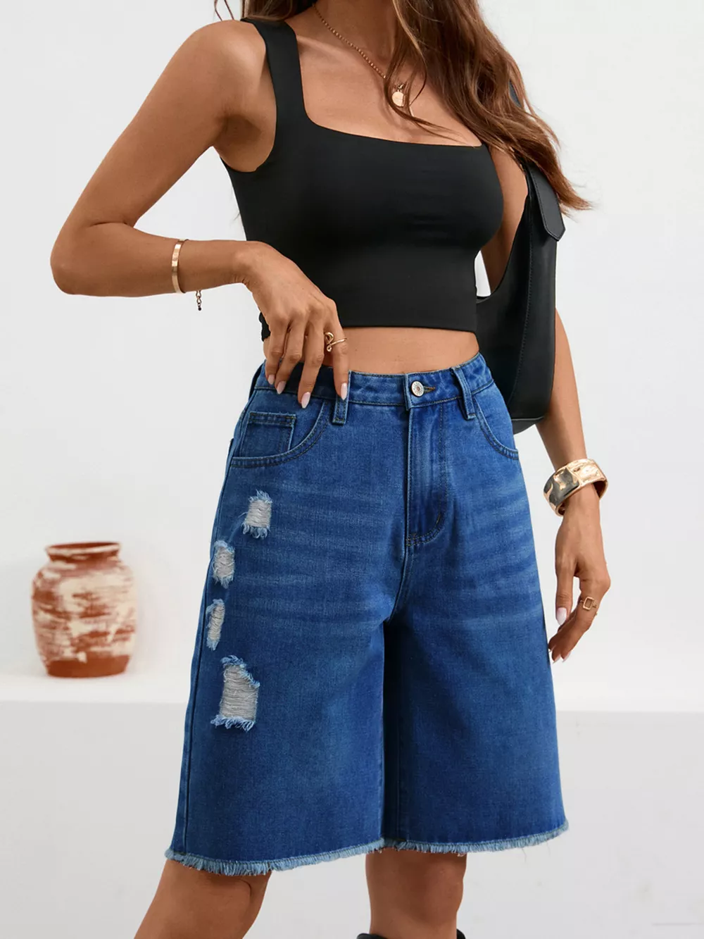 Ripped Frayed Hem Denim Shorts, image 9