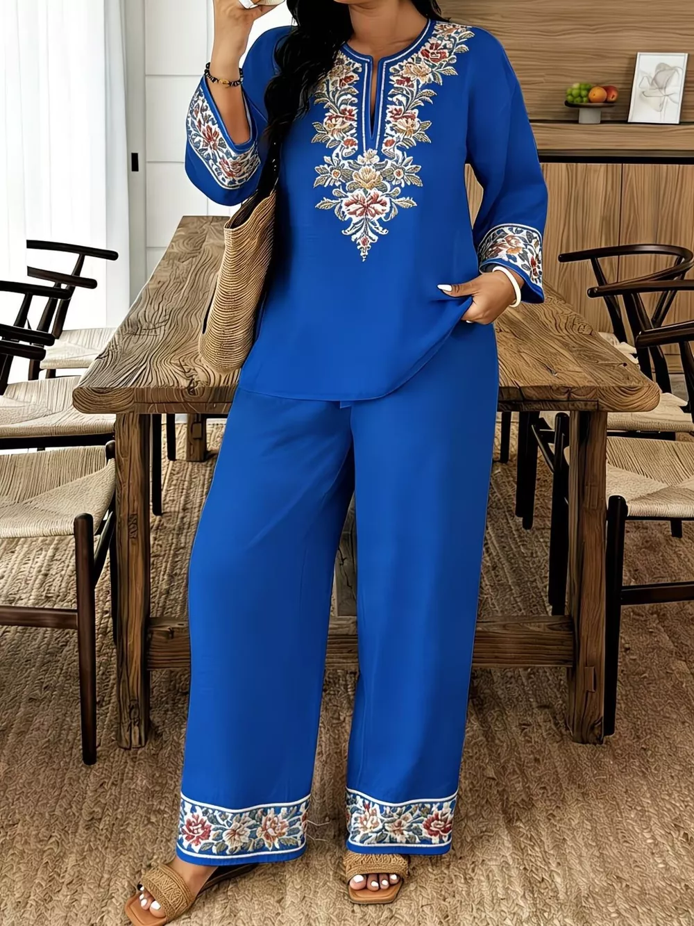 Full Size Embroidered Long Sleeve Top and Pants Set Plus Size, image 9