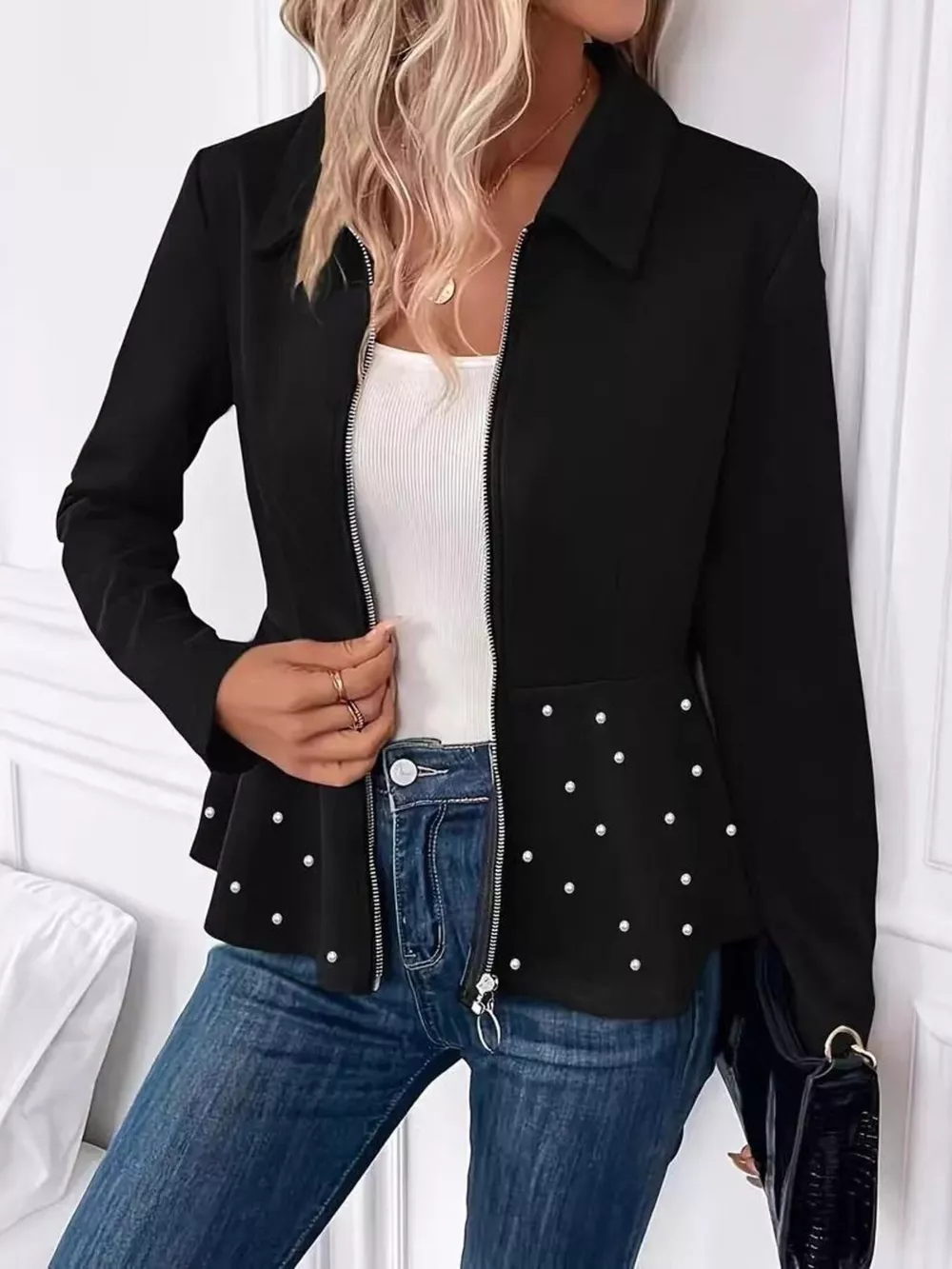 Pearl Embellished Zip-Up Peplum Outerwear, image 2