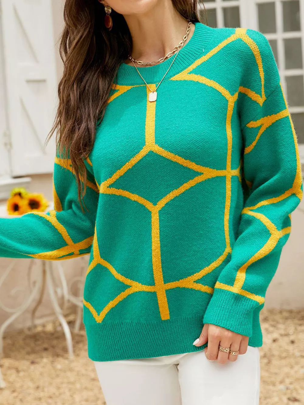 Geometric Pattern Crew Neck Sweater, image 3