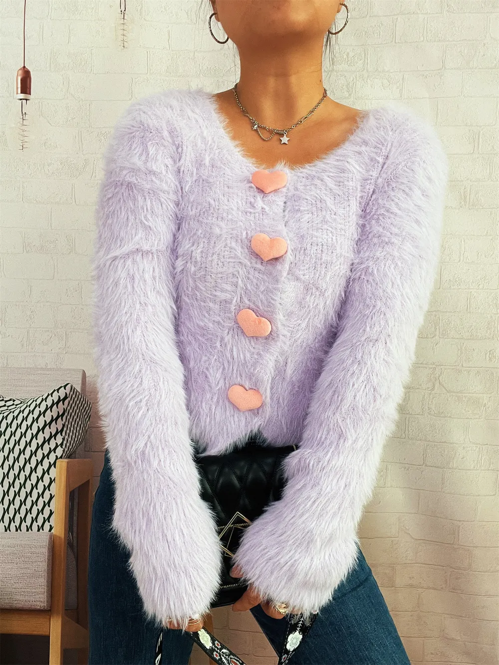 Fuzzy Heart Shape Button-Up Cardigan, image 2