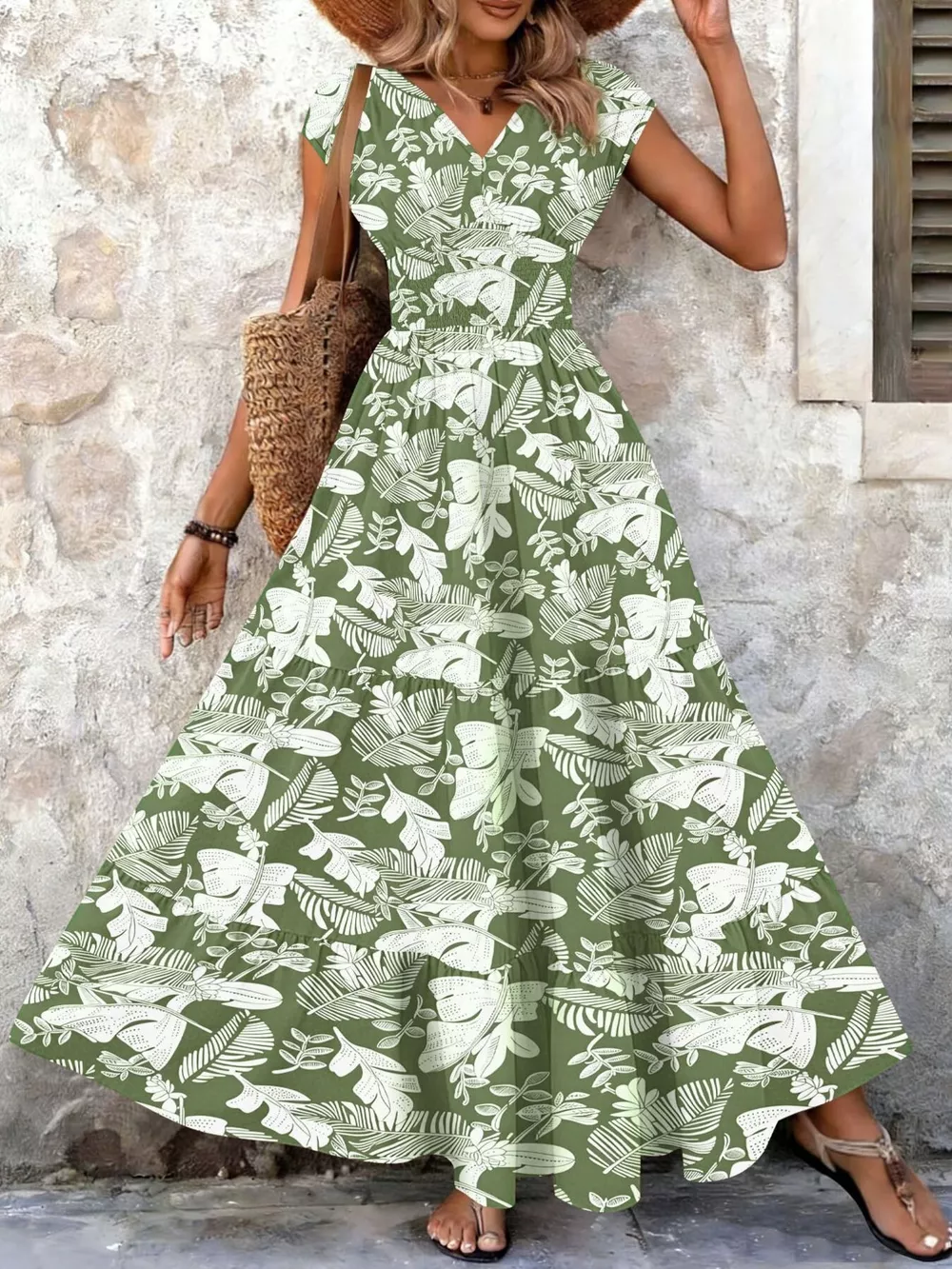Full Size Printed V-Neck Tiered Maxi Dress Plus Size, image 5