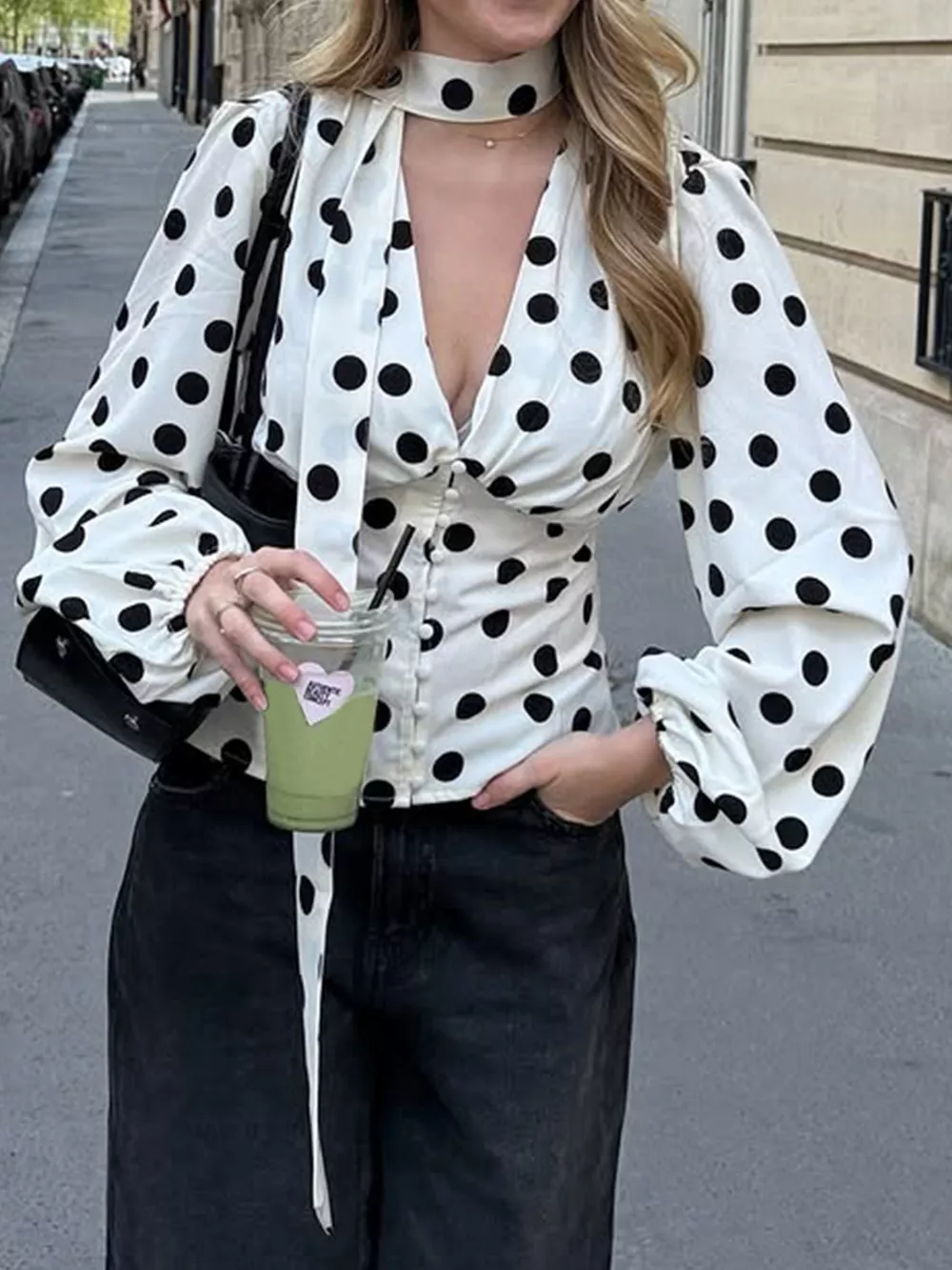 Polka Dot Balloon Sleeve Blouse, image 2