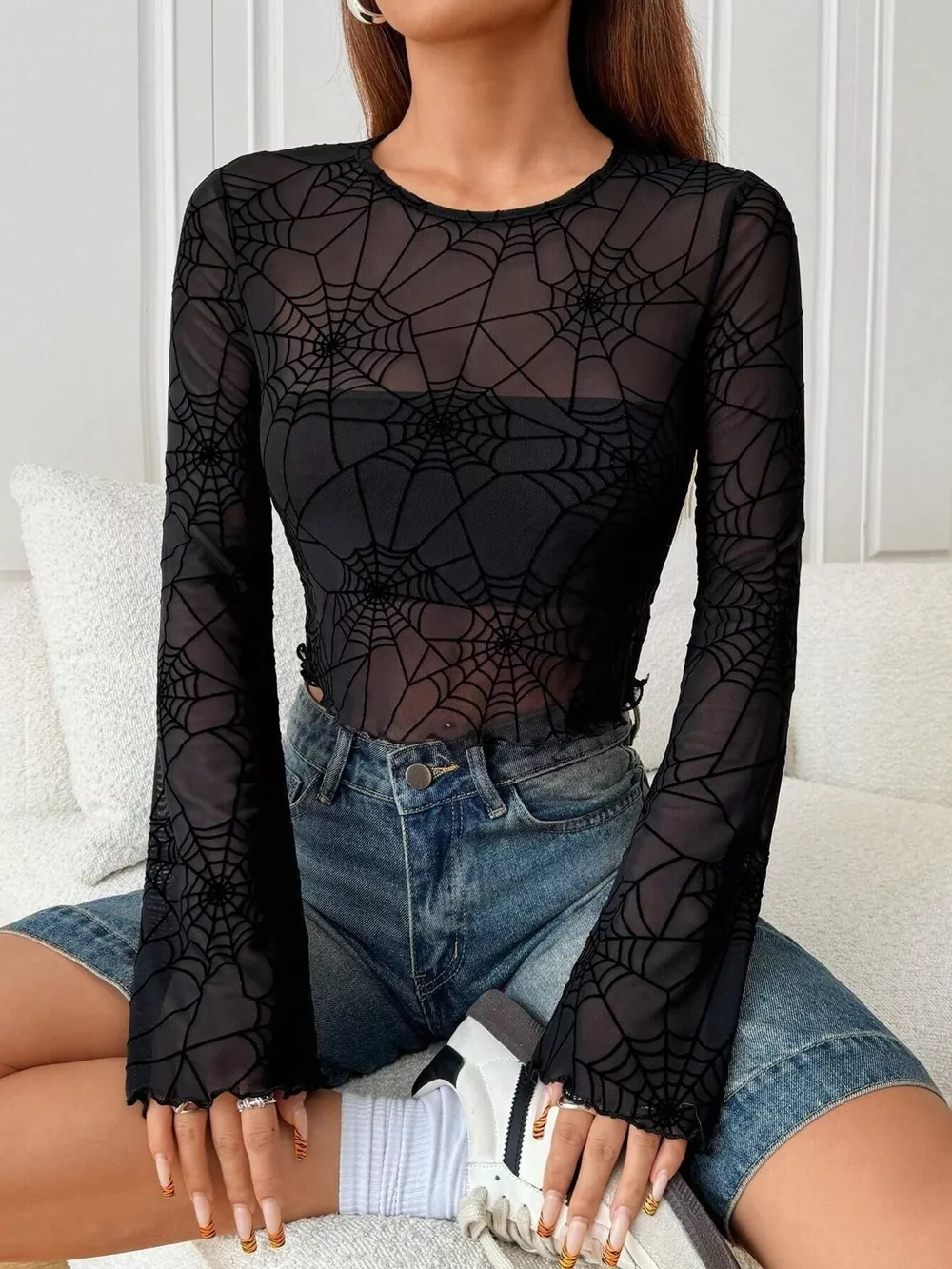 Spiderweb Print Sheer Mesh Long Sleeve Top