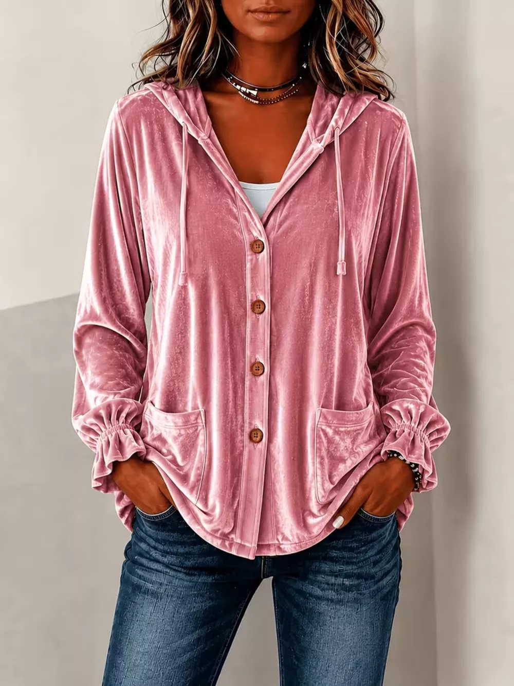 Full Size Velvet Button-Down Hooded Outerwear Plus Size, image 2
