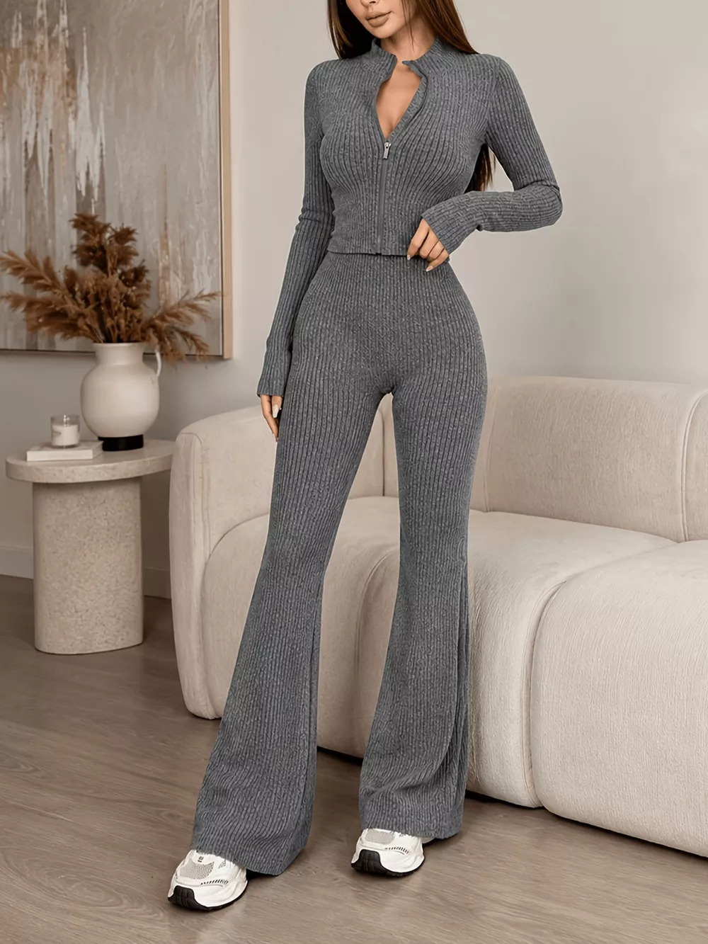 Ribbed Zip-Up Cardigan and Pants Knit Set, image 11