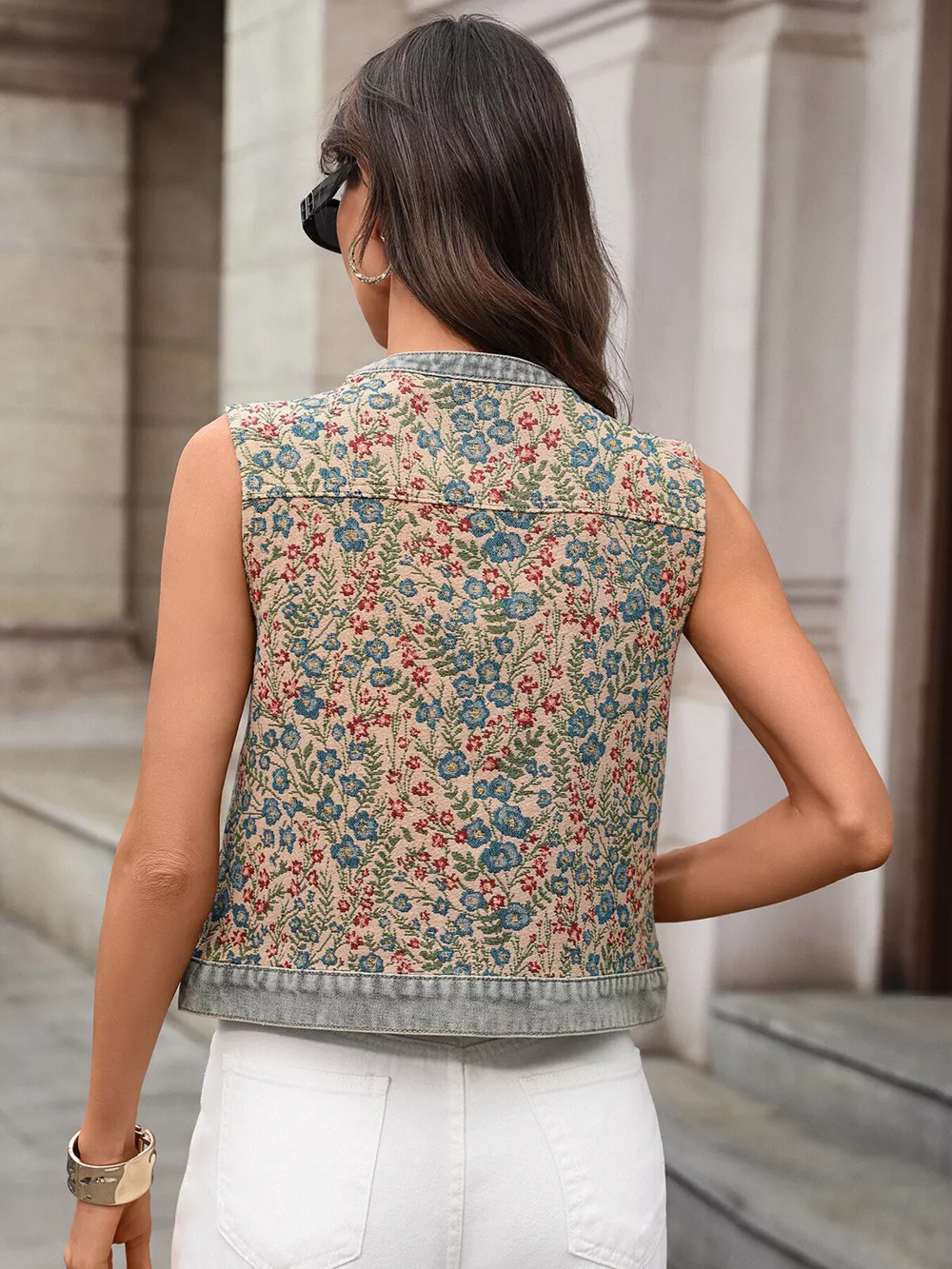 Floral Embroidered Sleeveless Denim Top, image 5