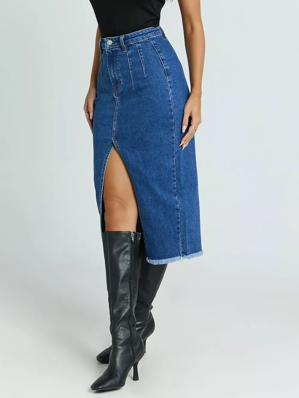 High-Waisted Slit Denim Skirt, image 4
