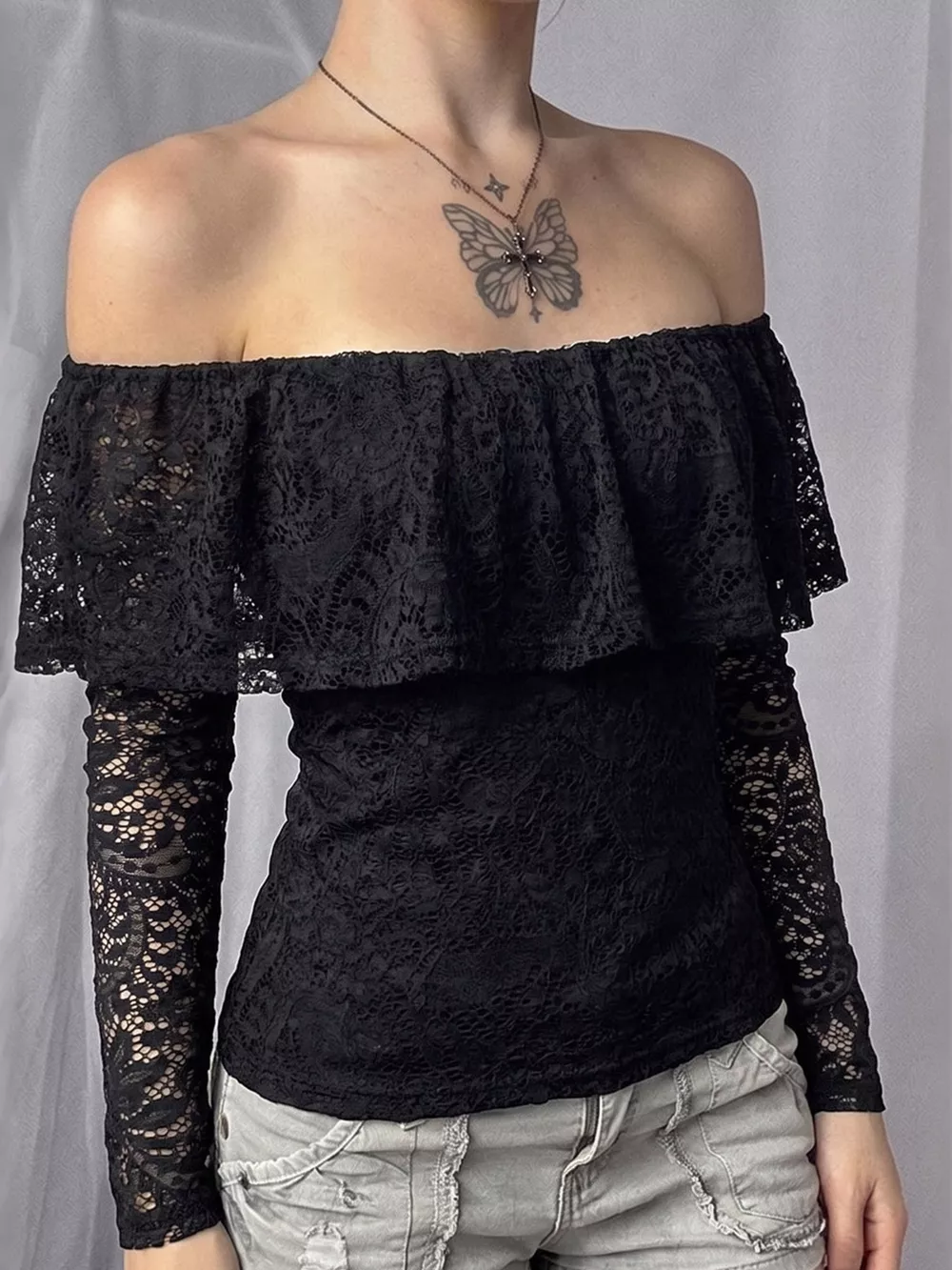 Off-Shoulder Lace Trim Long Sleeve T-Shirt, image 4