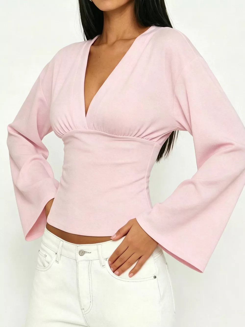 V-Neck Flare Sleeve Blouse, image 3