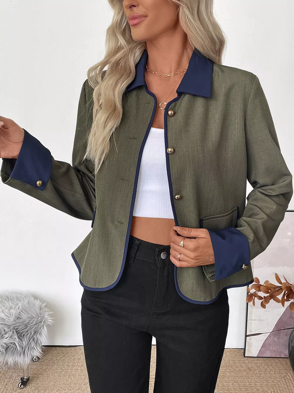 Contrast Trim Button-Up Jacket, image 5