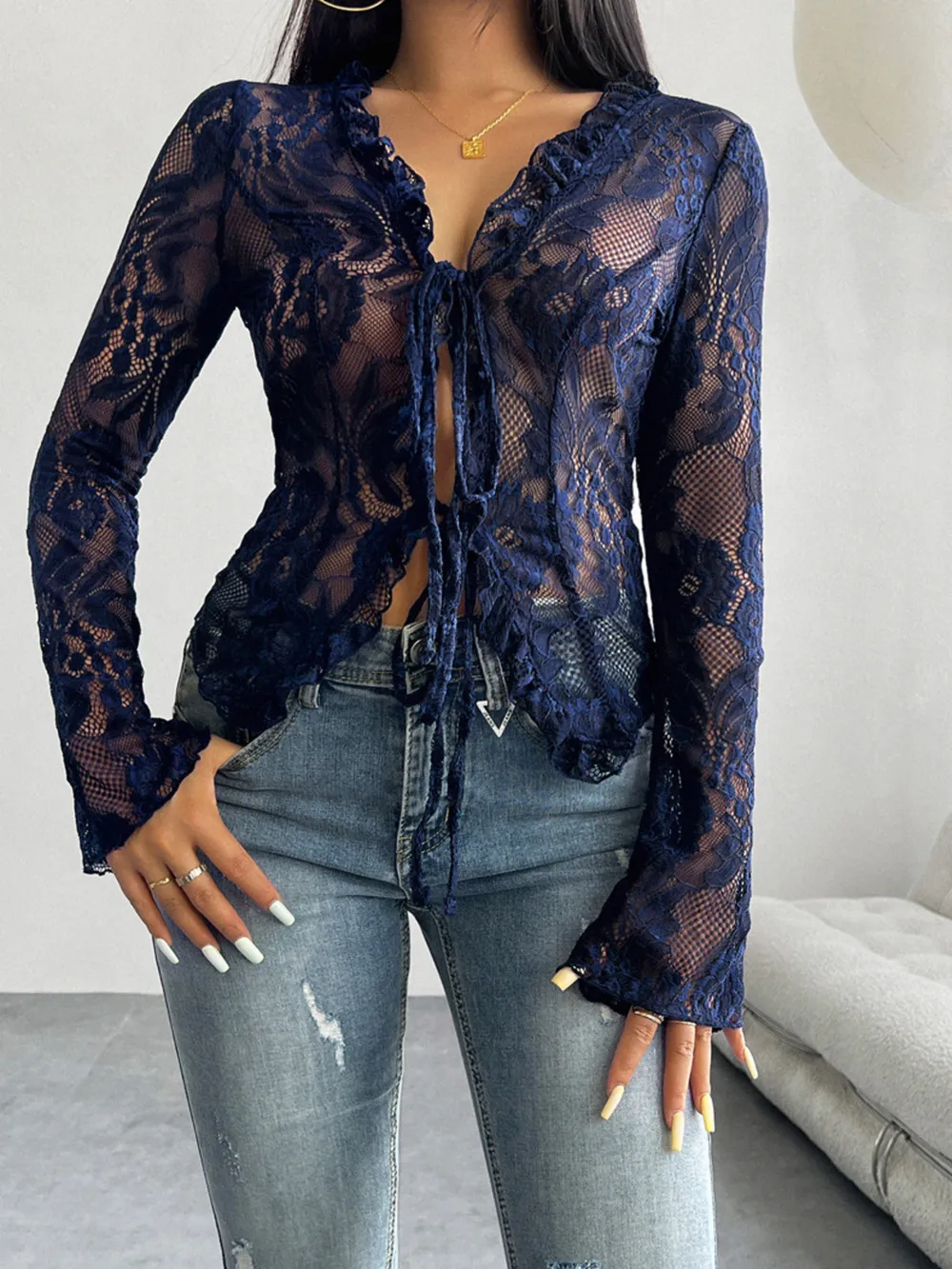 Tie Front Long Sleeve Lace Top, image 15