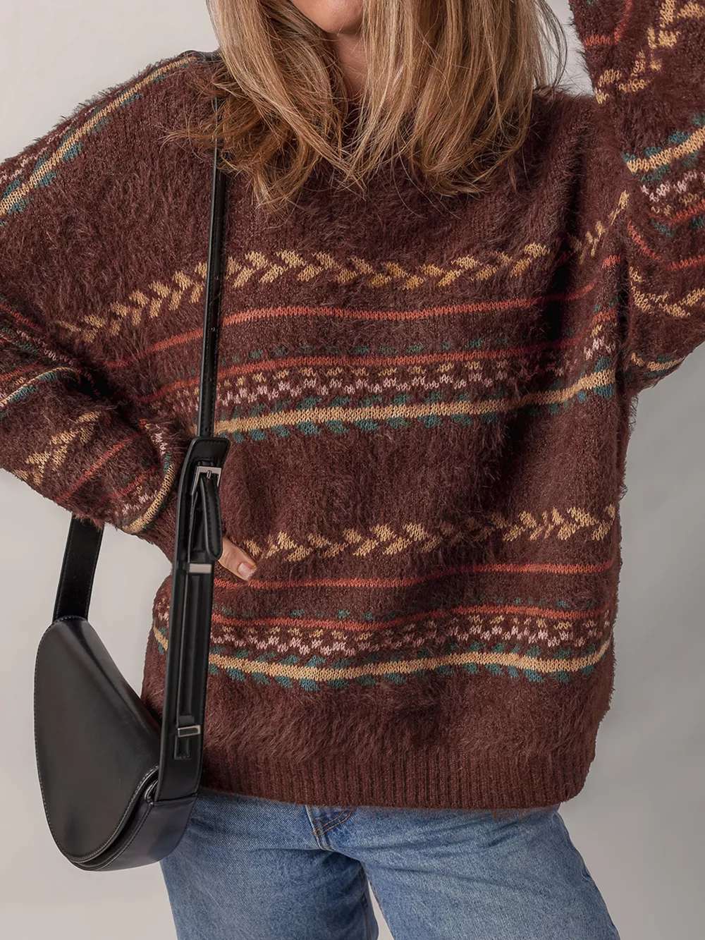 Ethnic Pattern Mohair Knitted Drop Shoulder Sweater, image 3