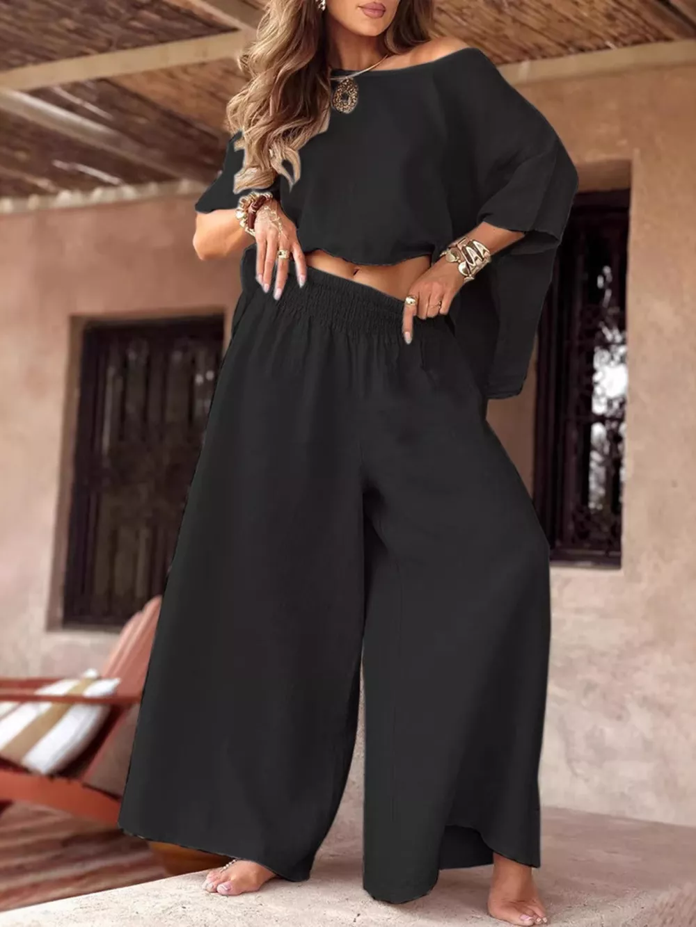 Full Size Boat Neck Top and Wide Leg Pants Set Plus Size, image 12