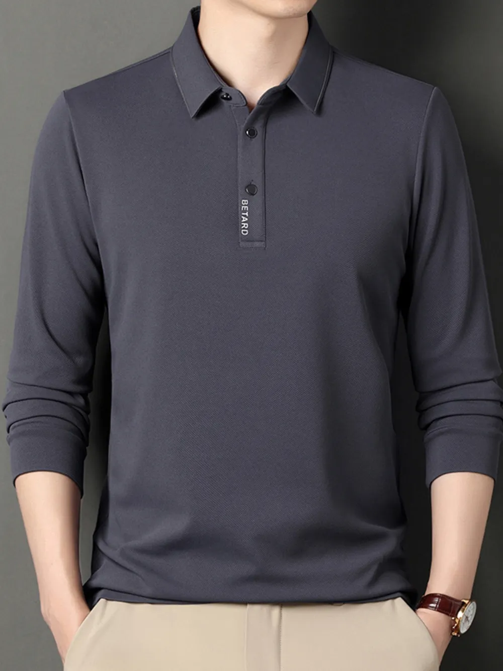 Men's Plus Size Collared Neck Long Sleeve Polo, image 2