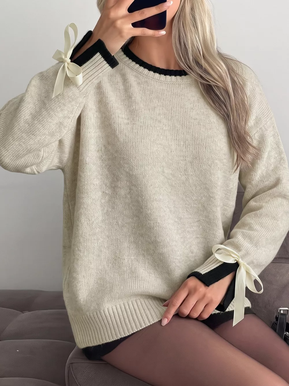 Contrast Trim Ribbed Cuff Tie-Sleeve Sweater, image 3
