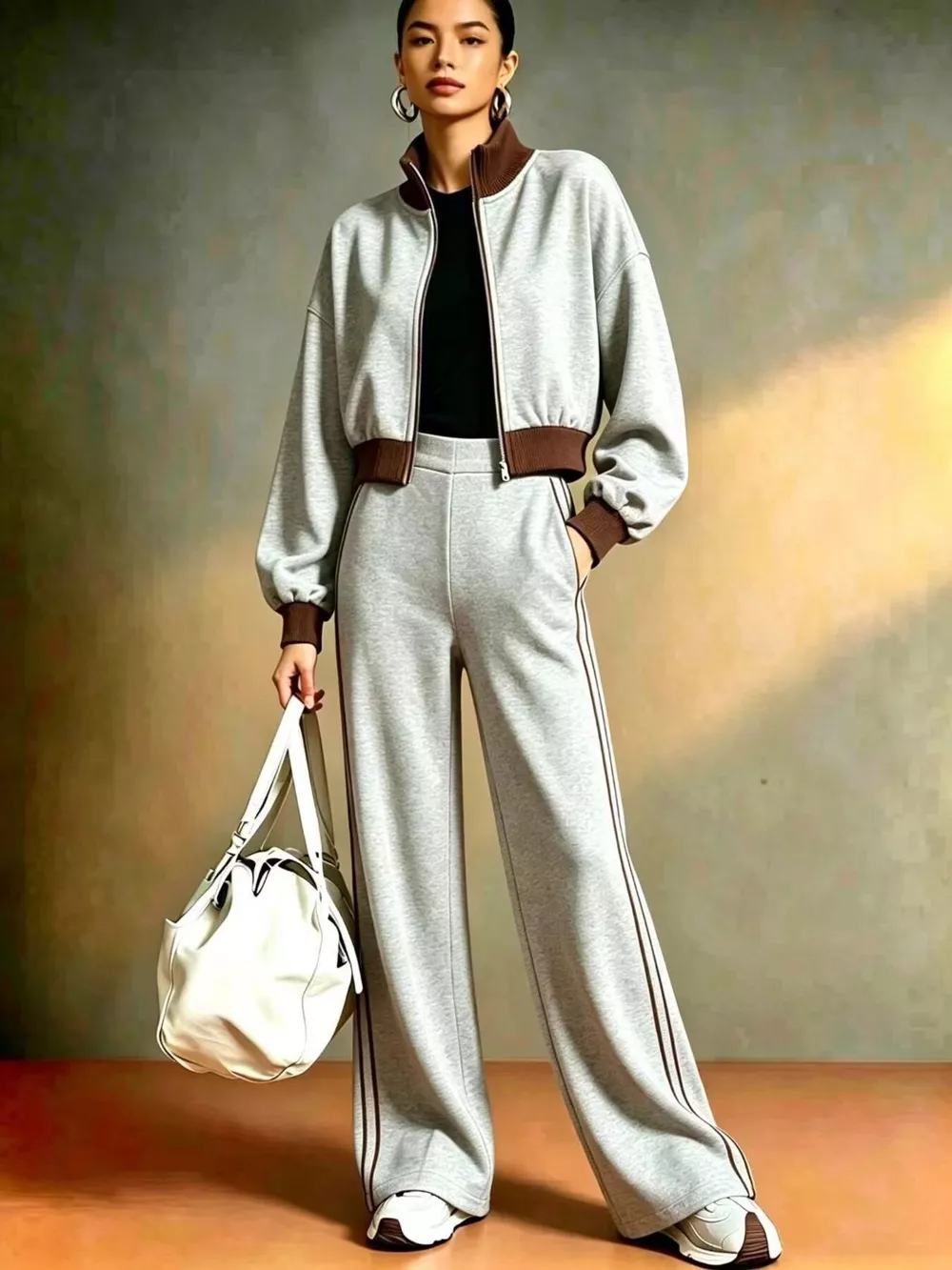Contrast Ribbed Jacket and Wide-Leg Pants Tracksuit Set, image 7