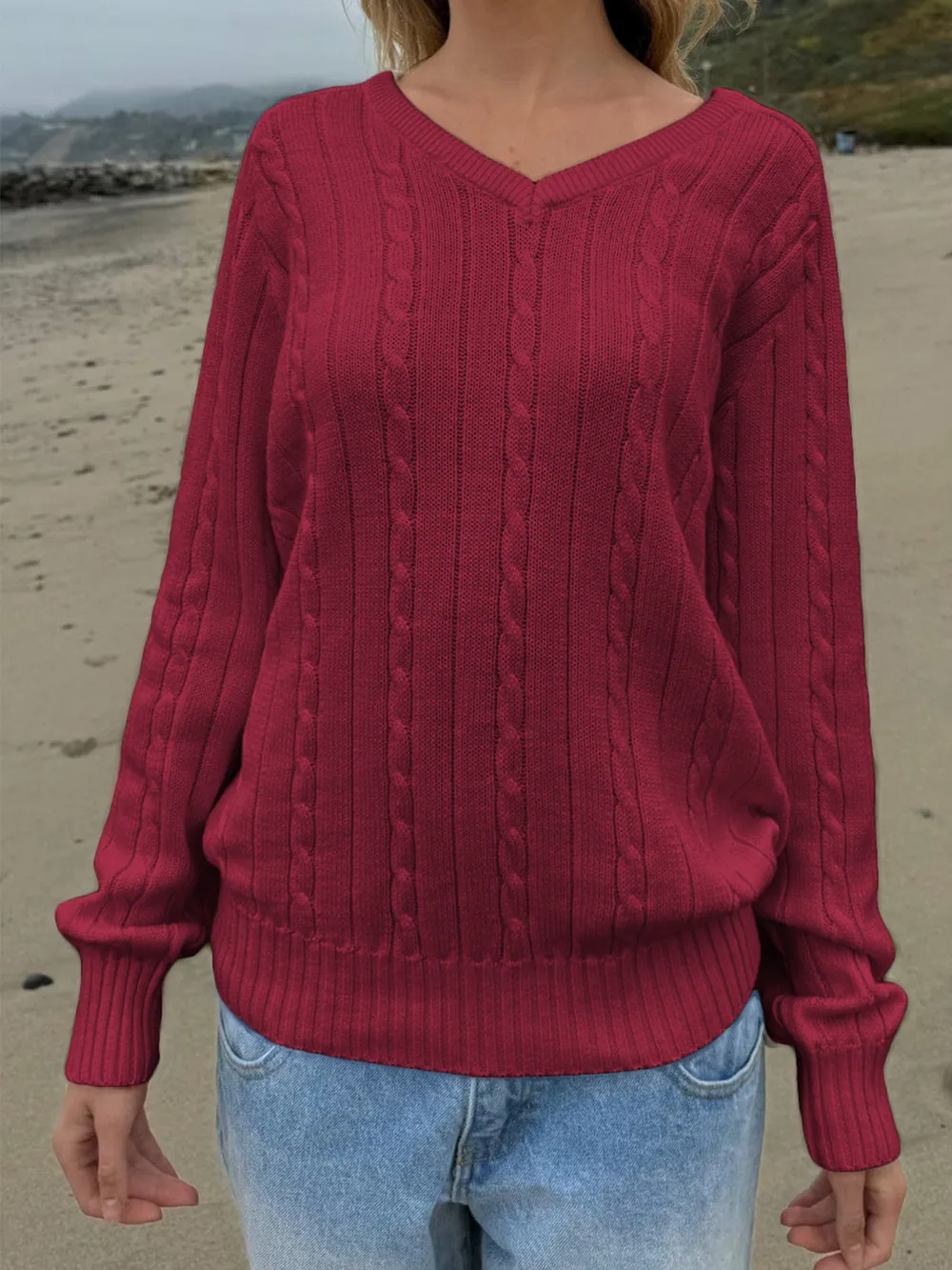 Cable Knit V-Neck Pullover Sweater, image 12