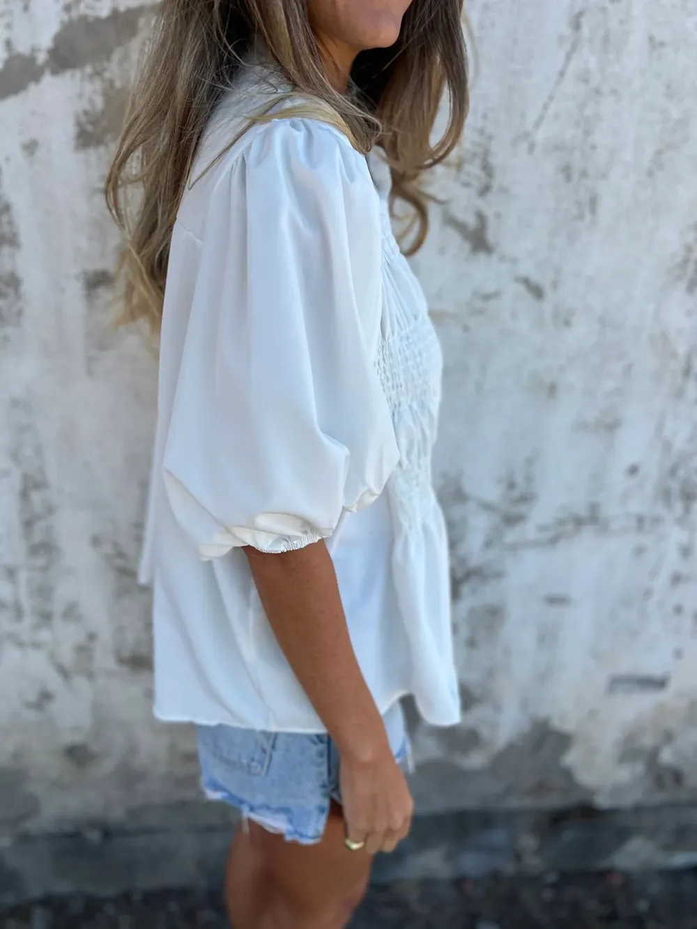 Full Size Smocked Button Front Puff Sleeve Shirt Plus Size, image 4