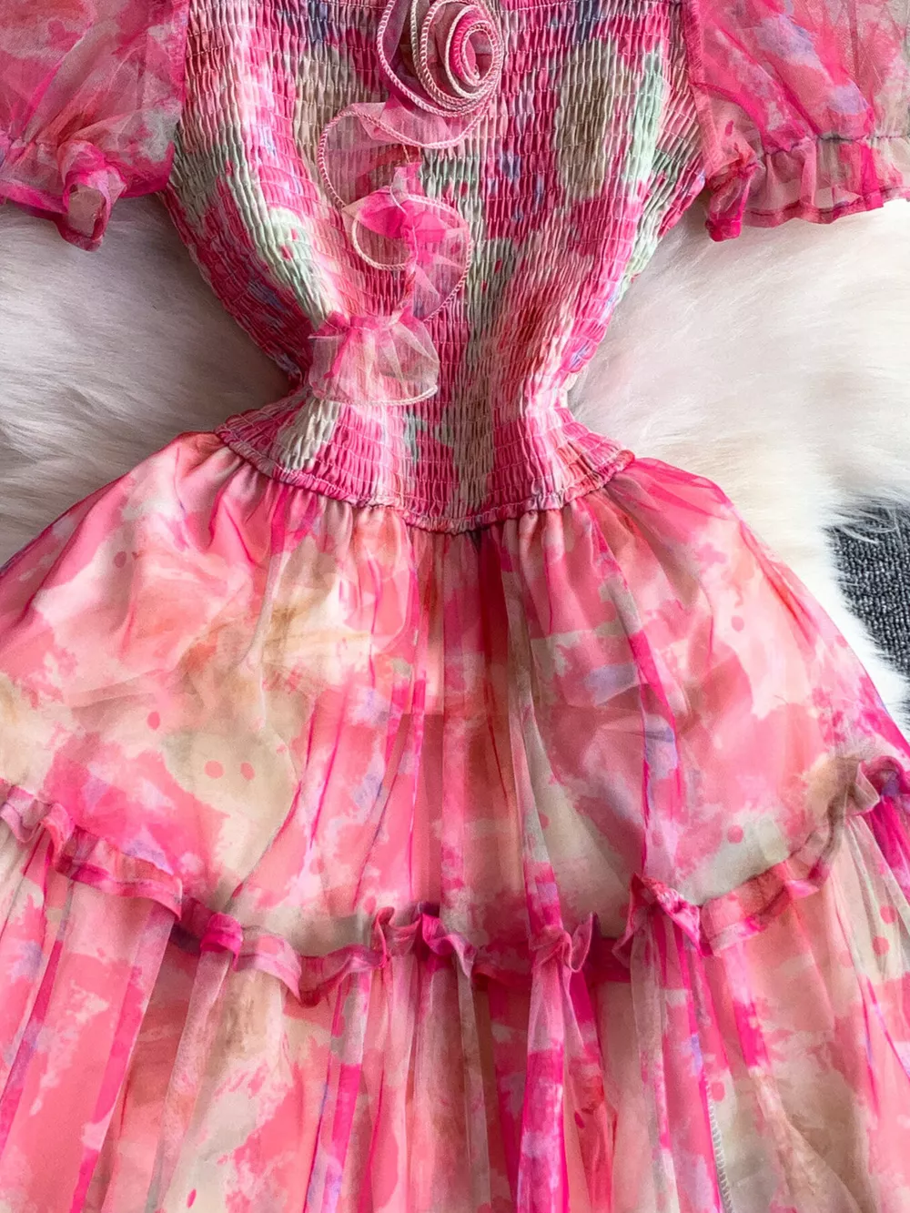 Smocked Floral Tiered Mesh Midi Dress, image 9