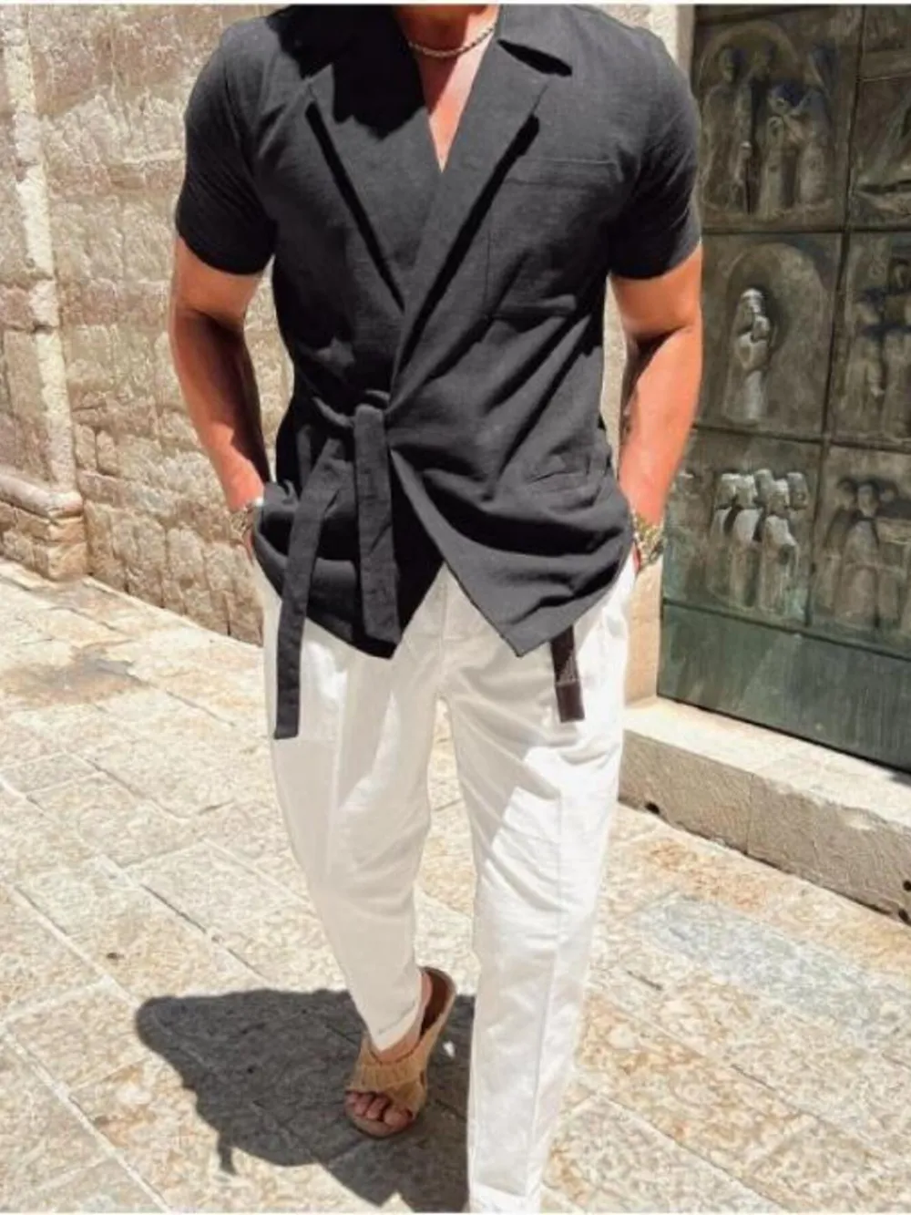 Men's Plus Size Tied Lightweight Linen Wrap Top, image 3
