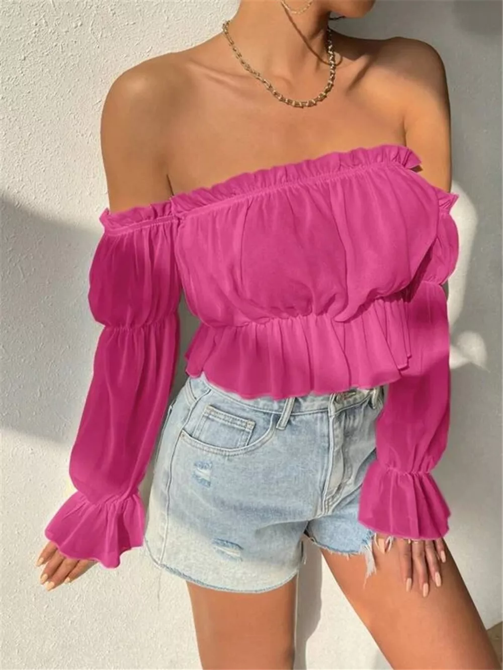 Off-Shoulder Ruffle Trim Sheer Cropped Blouse, image 8
