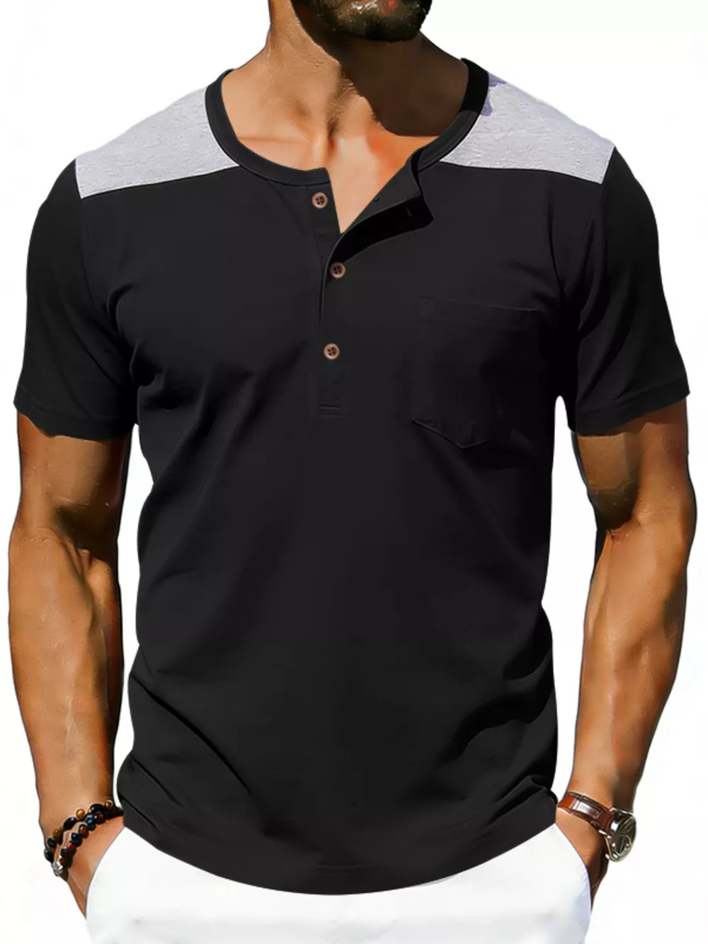 Men's Full Size Casual Henley T-Shirt with Pocket Plus Size, image 4