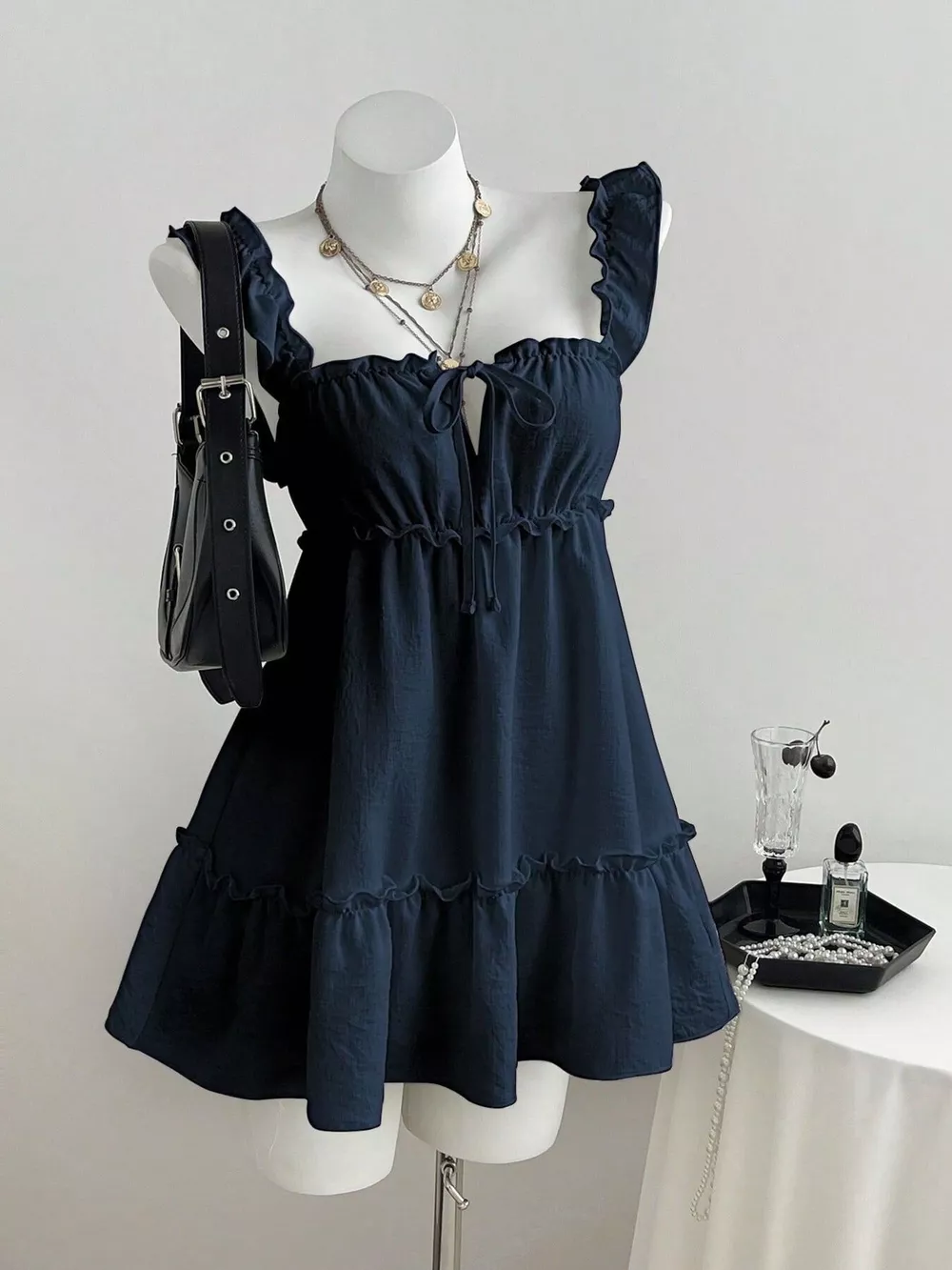 Ruffled Square Neck Tie-Front Mini Dress, image 4