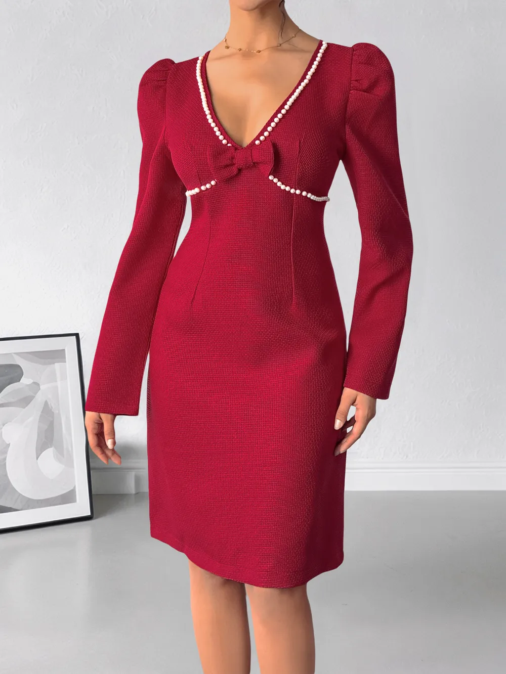Pearl Trim V-Neck Long Sleeve Bodycon Dress, image 2