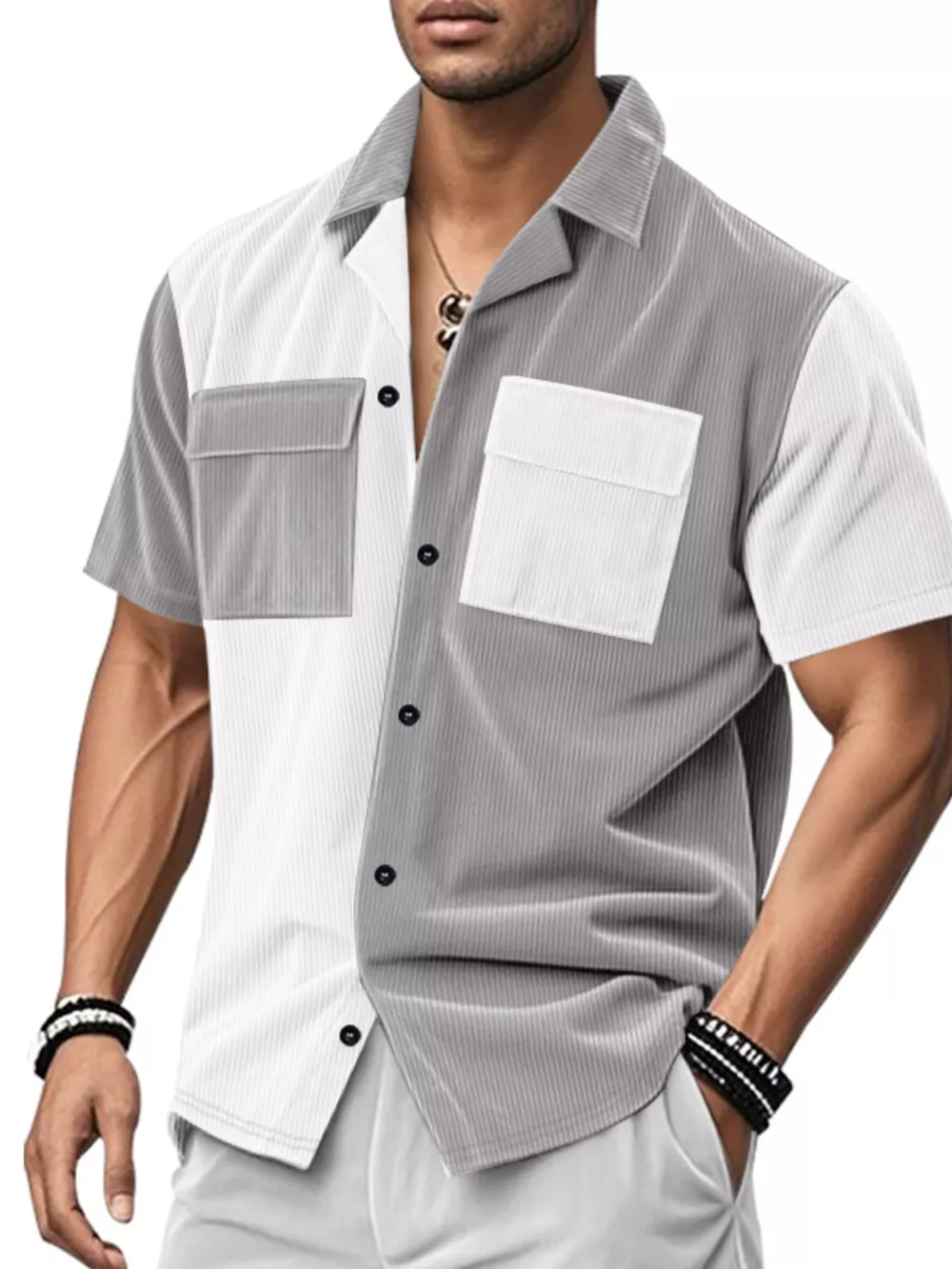 Men's Full Size Two-Tone Textured Short Sleeve Shirt Plus Size, image 4