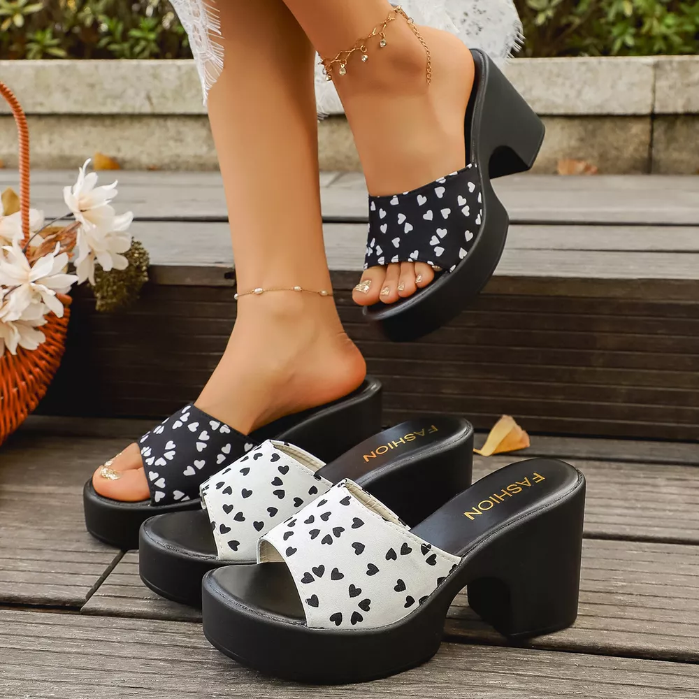 Heart Print Block Heel Sandals, image 2