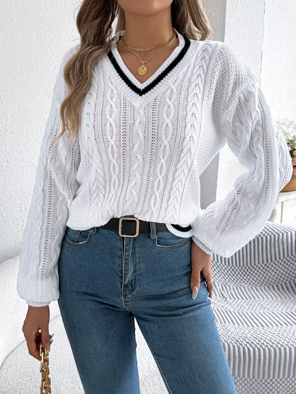 V-Neck Cable Knit Sweater with Striped Trim, image 14