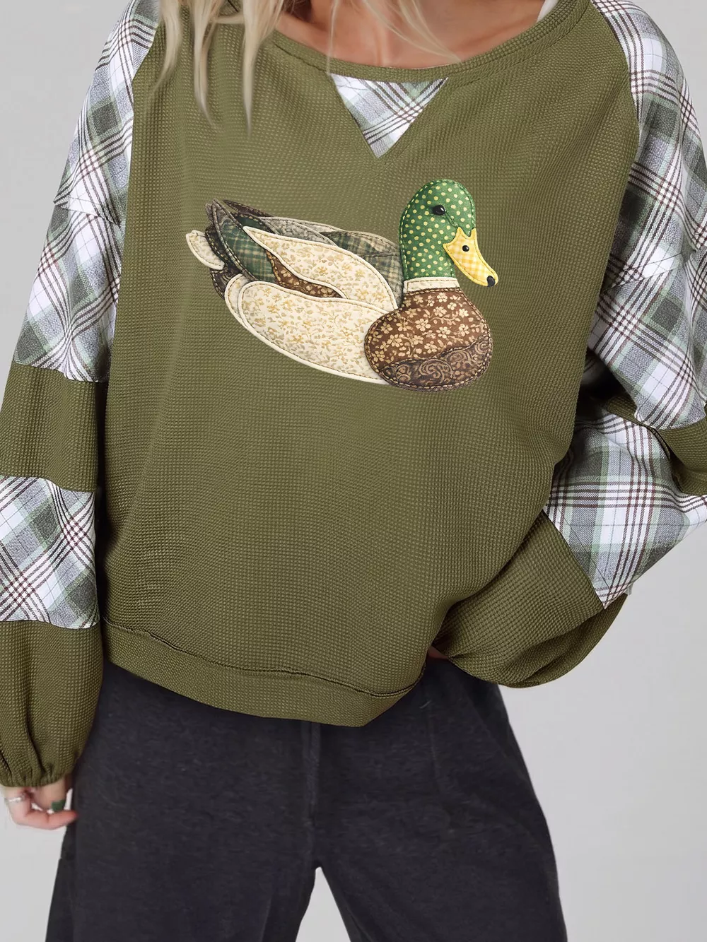 Vintage Duck Applique Plaid Patchwork Waffle Knit T-Shirt
