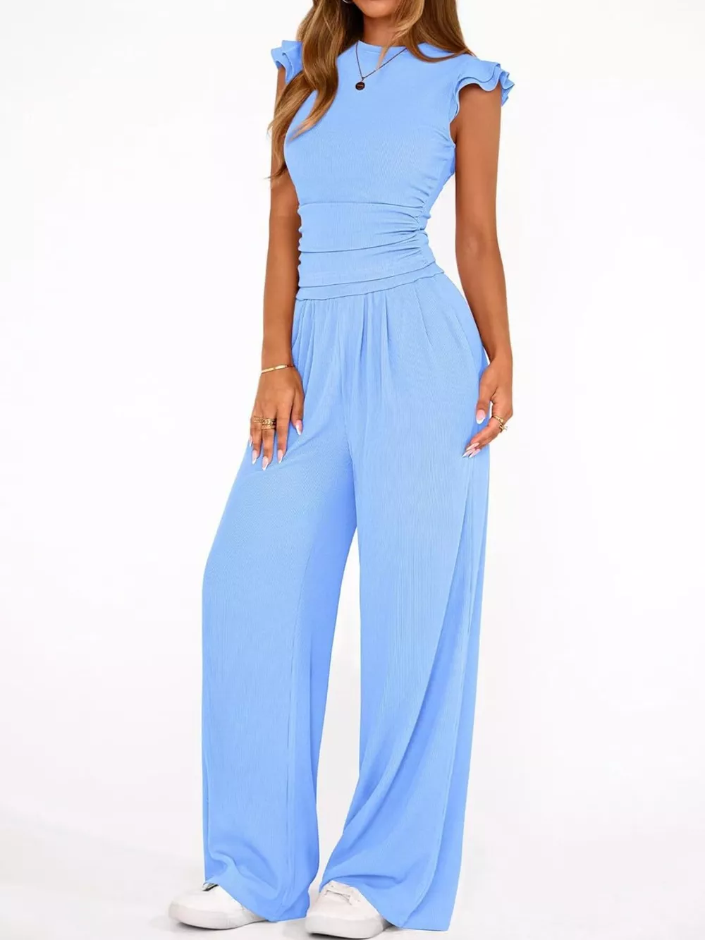 Ruffled Mock Neck Top and Wide Leg Pants Set, image 29