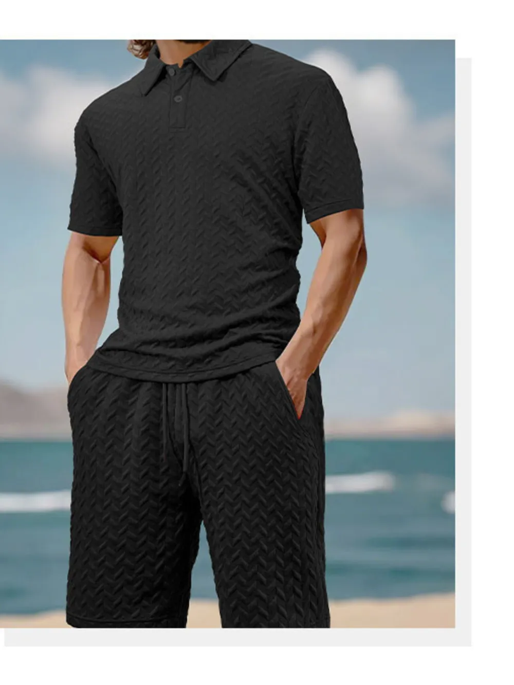 Men's Full Size Textured Polo Shirt and Shorts Set Plus Size, image 2
