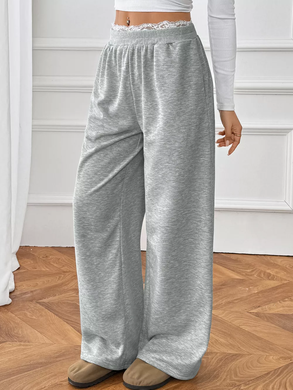 Lace Detail Wide Leg Casual Pants, image 5