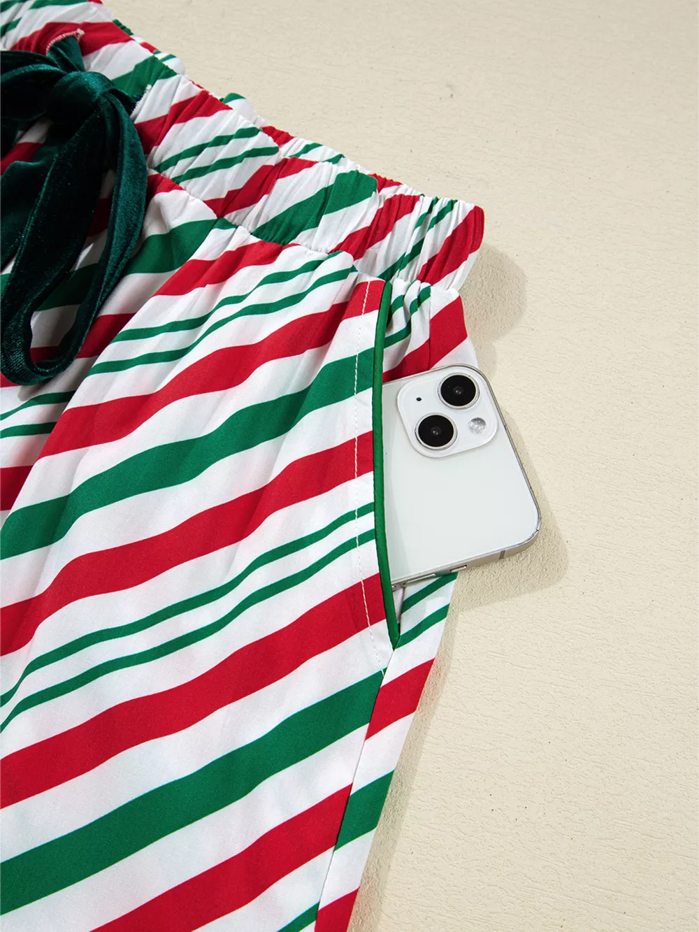 Stripe Contrast Velvet Ribbon Knot Christmas 2pcs Pajama Set, image 11