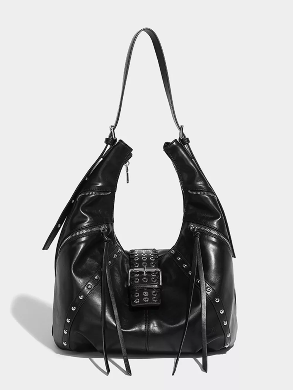 Studded Patent Leather Hobo Shoulder Bag, image 2